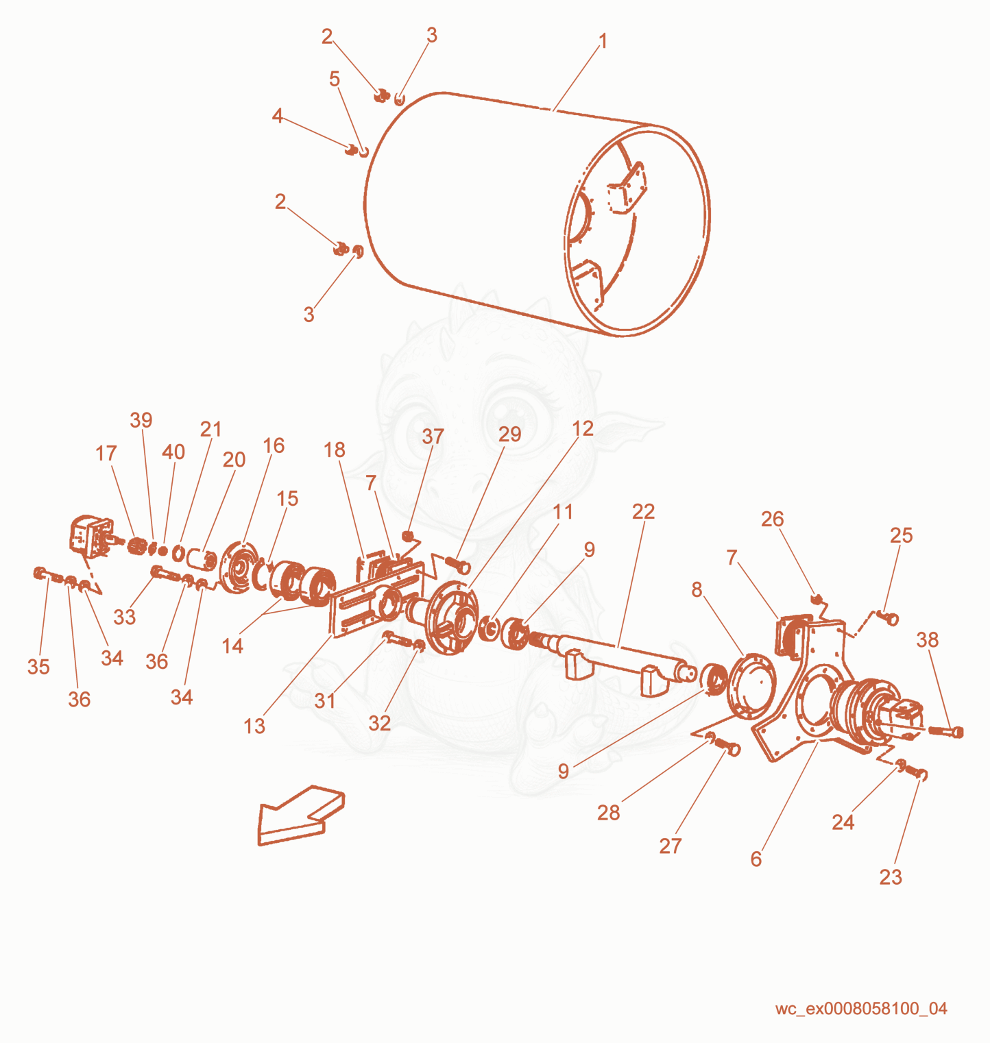 Exploded parts diagram of the Driving Drum Reduction Gear of a Wacker Neuson RD25, with numbered balloons
