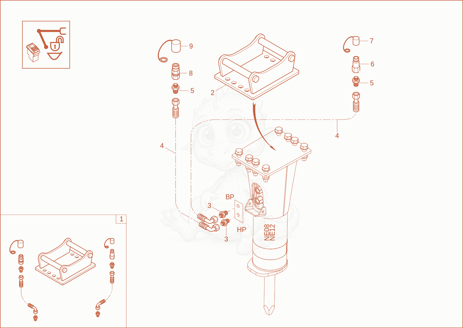 Exploded parts diagram of the Kit hydr. breaker NE08/12 (Option) of a Wacker Neuson ET18, with numbered balloons