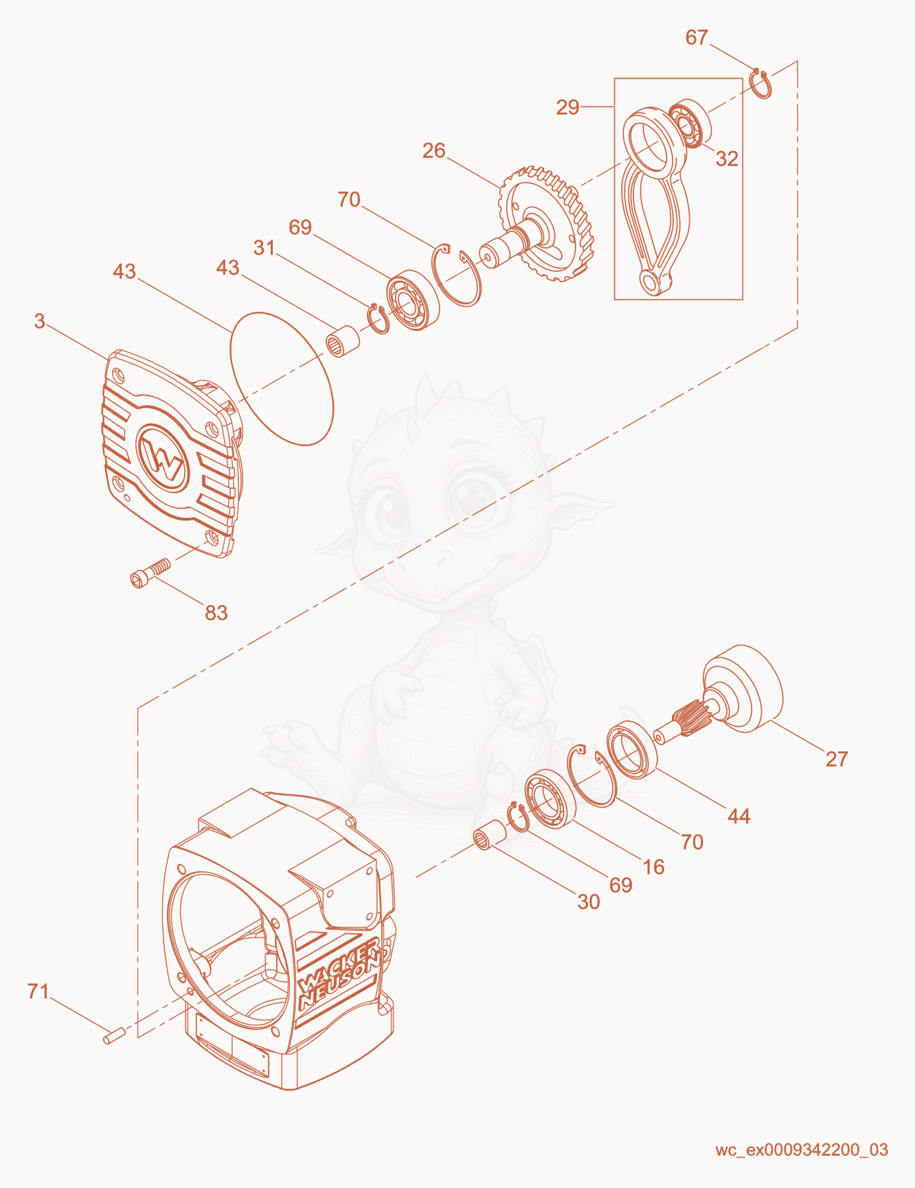 Exploded parts diagram of the Crankcase cpl. of a Wacker Neuson DS70, with numbered balloons