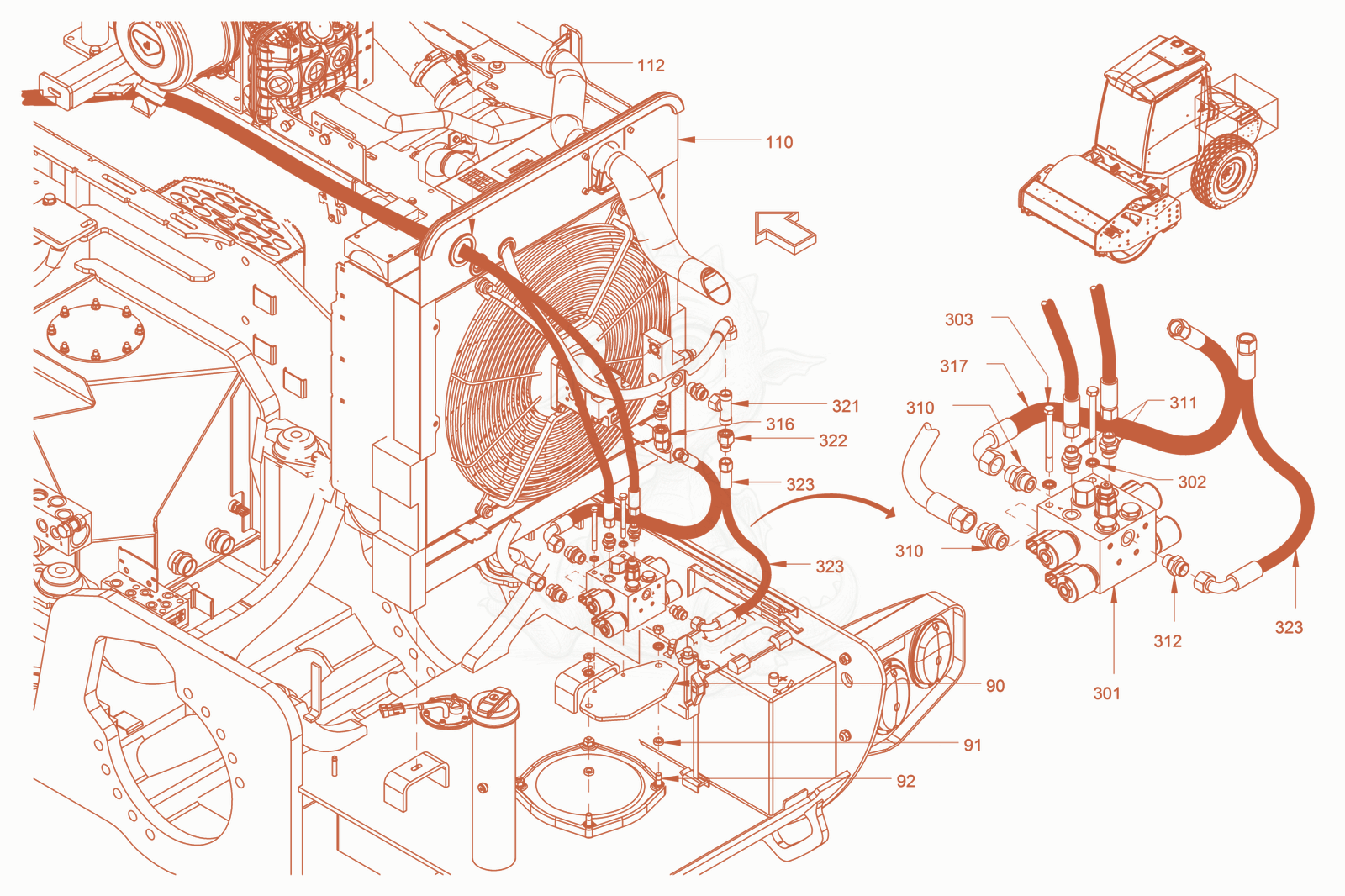 Exploded parts diagram of the Hydraulic System (Blade) of a Wacker Neuson RC70VOUS, with numbered balloons