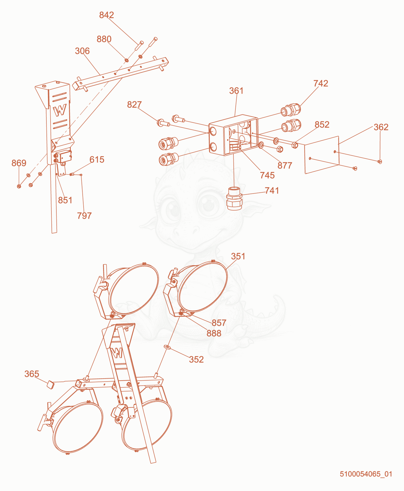 Exploded parts diagram of the Light Mounting of a Wacker Neuson LTW20Z1, with numbered balloons