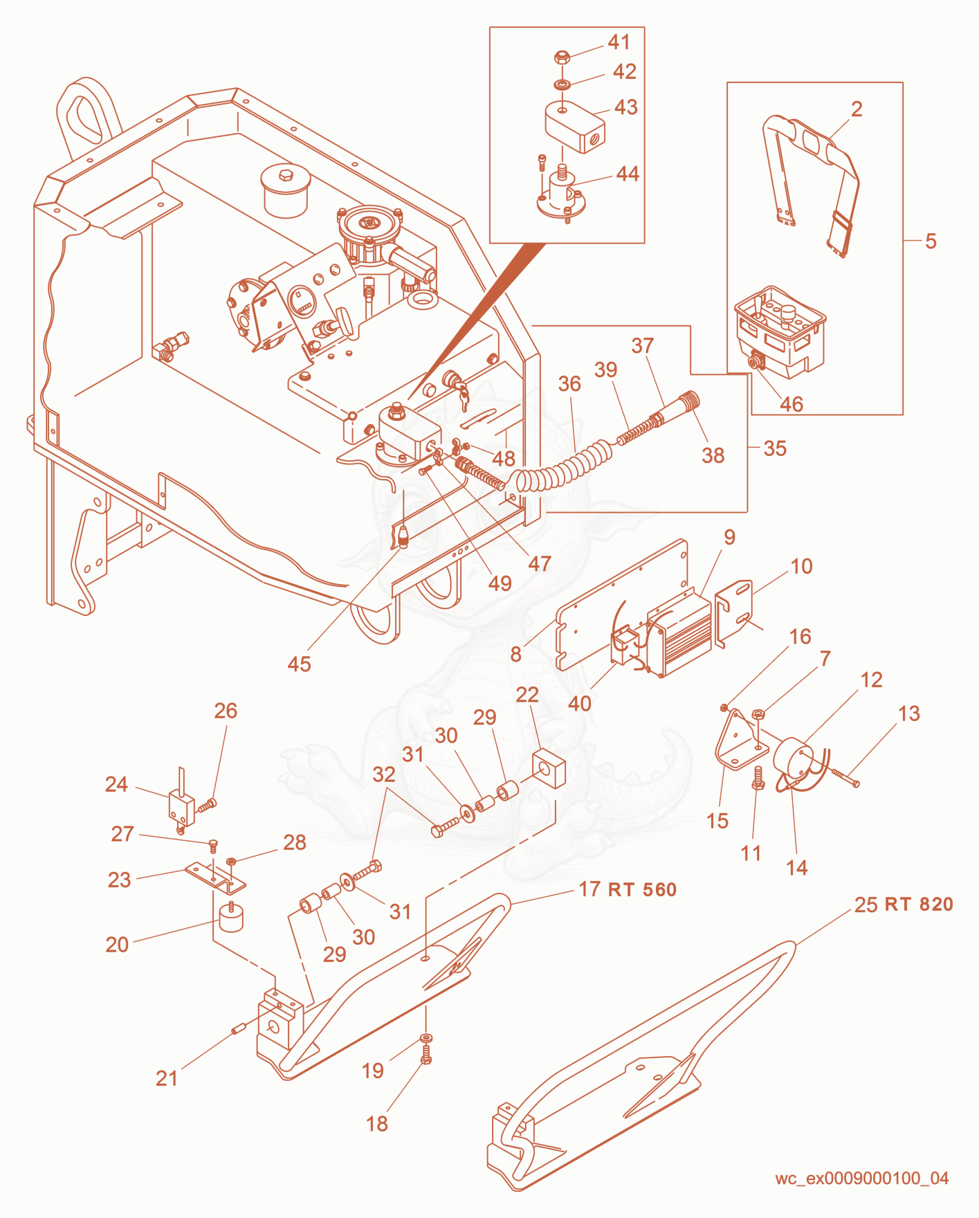 Exploded parts diagram of the Safety Bar/Control Box of a Wacker Neuson RT560, with numbered balloons