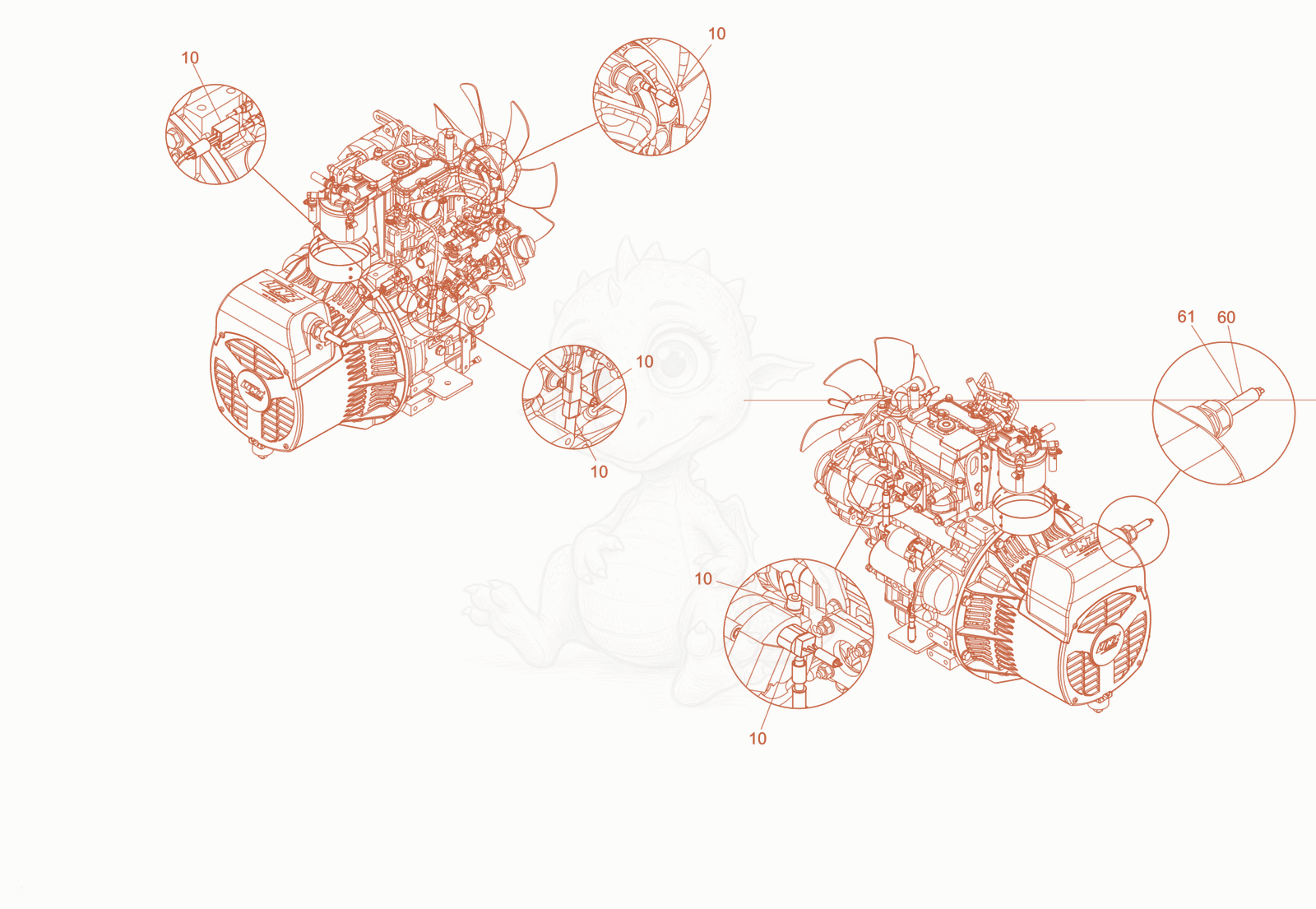 Exploded parts diagram of the cabling, engine of a Wacker Neuson LTN5YCH, with numbered balloons