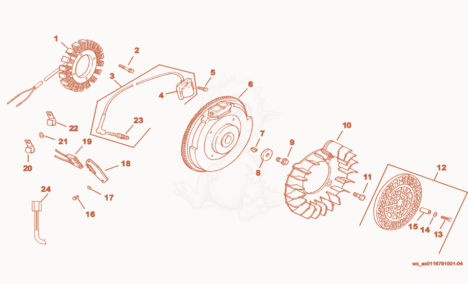 Exploded parts diagram of the Flywheel of a Wacker Neuson CRT36-23K-H, with numbered balloons