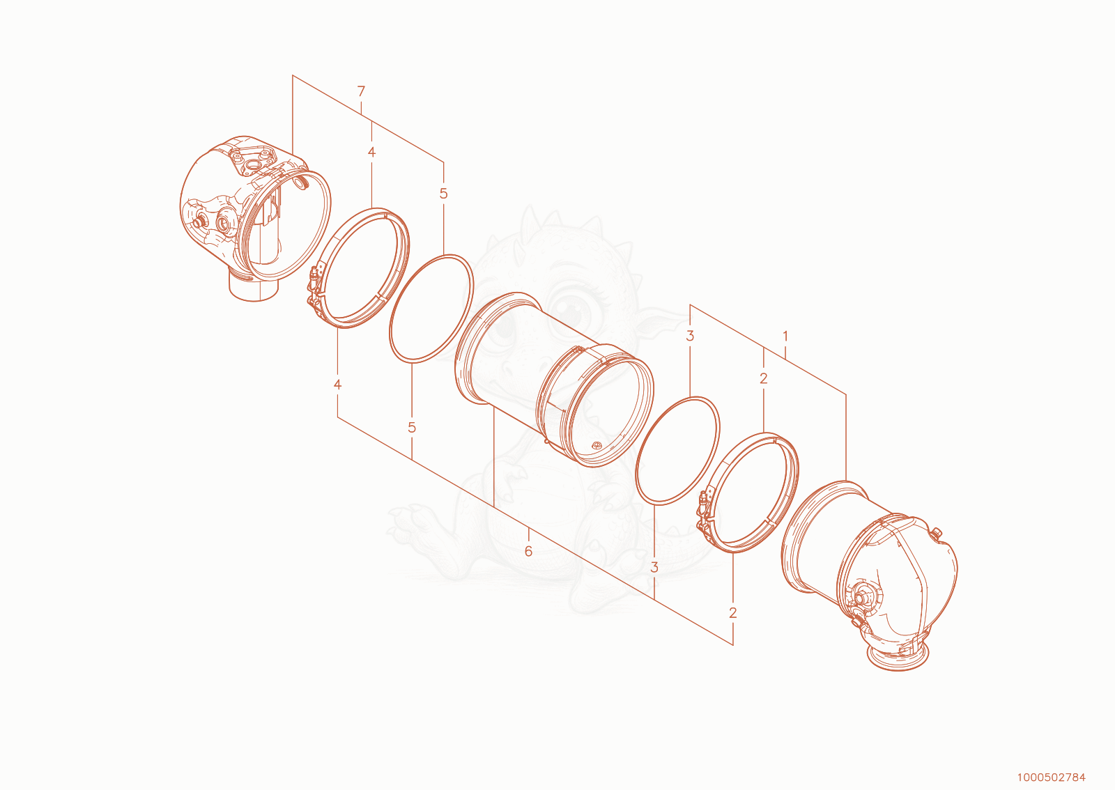 Exploded parts diagram of the soot filter of a Wacker Neuson DV90-2, with numbered balloons
