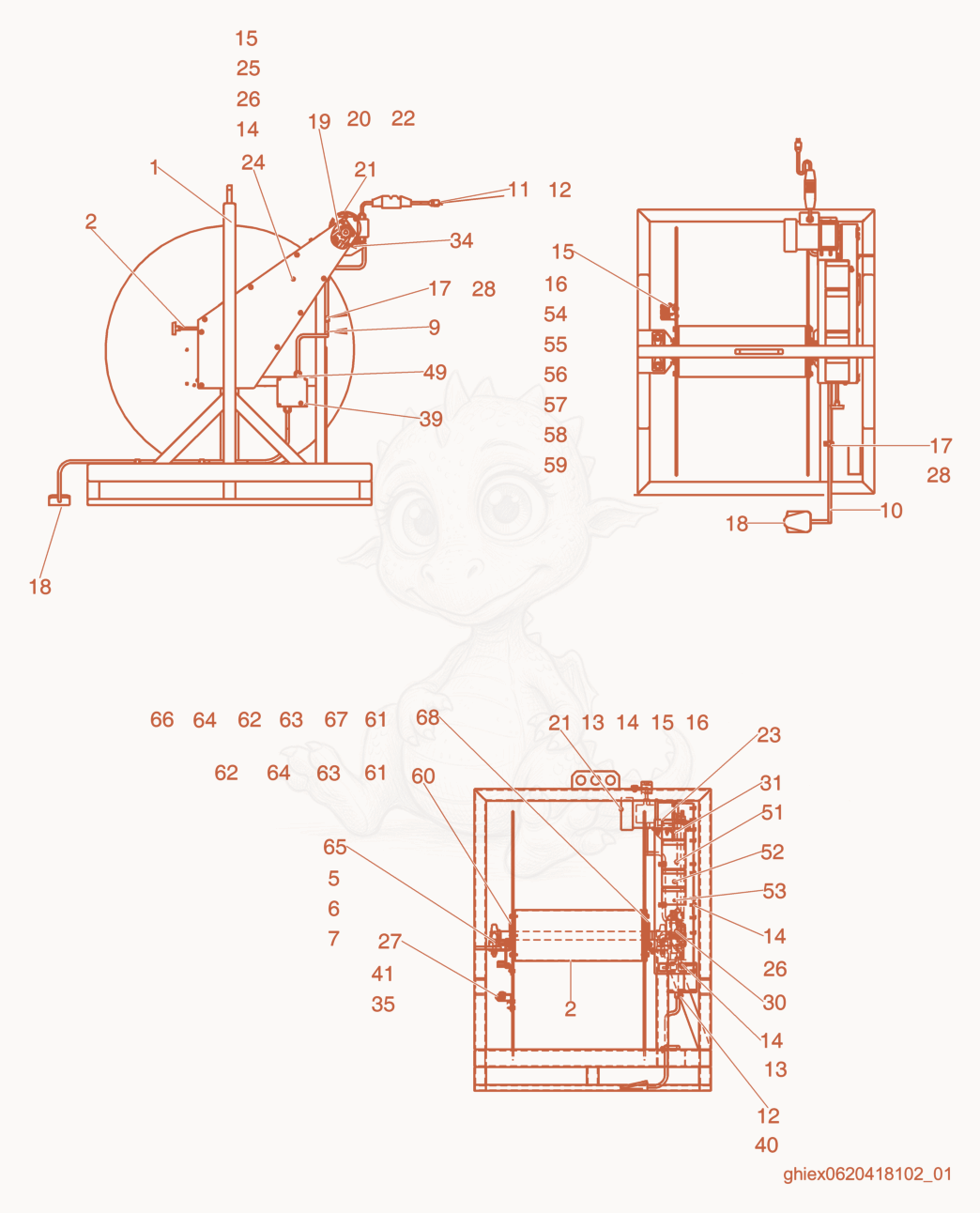 Despiece del Hose Handling System de una máquina Wacker Neuson HHS1701, con globos numerados