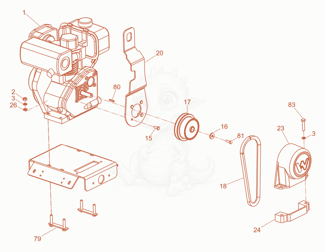 Exploded parts diagram of the Beltguard/Clutch of a Wacker Neuson VPY70, with numbered balloons