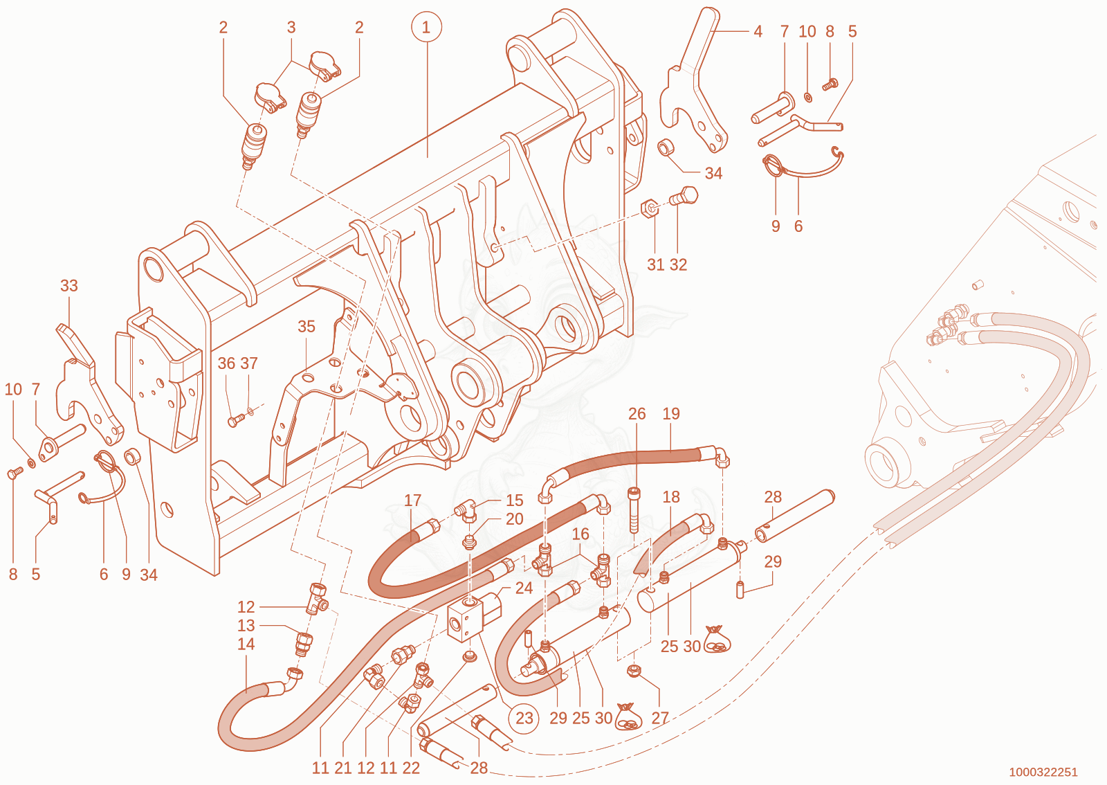 Despiece del quickhitch plate de una máquina Wacker Neuson TH735(415-16), con globos numerados