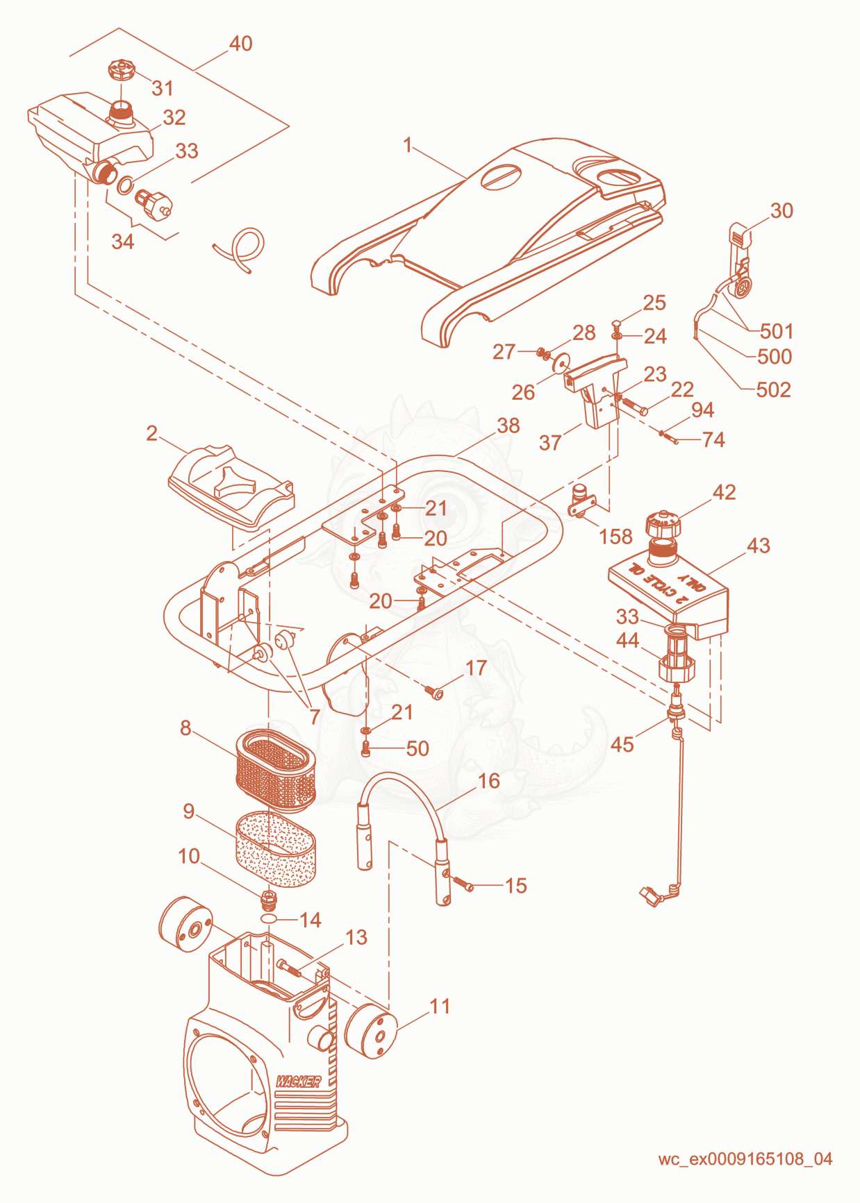 Despiece del Guide Handle cpl. de una máquina Wacker Neuson BS500-OI, con globos numerados