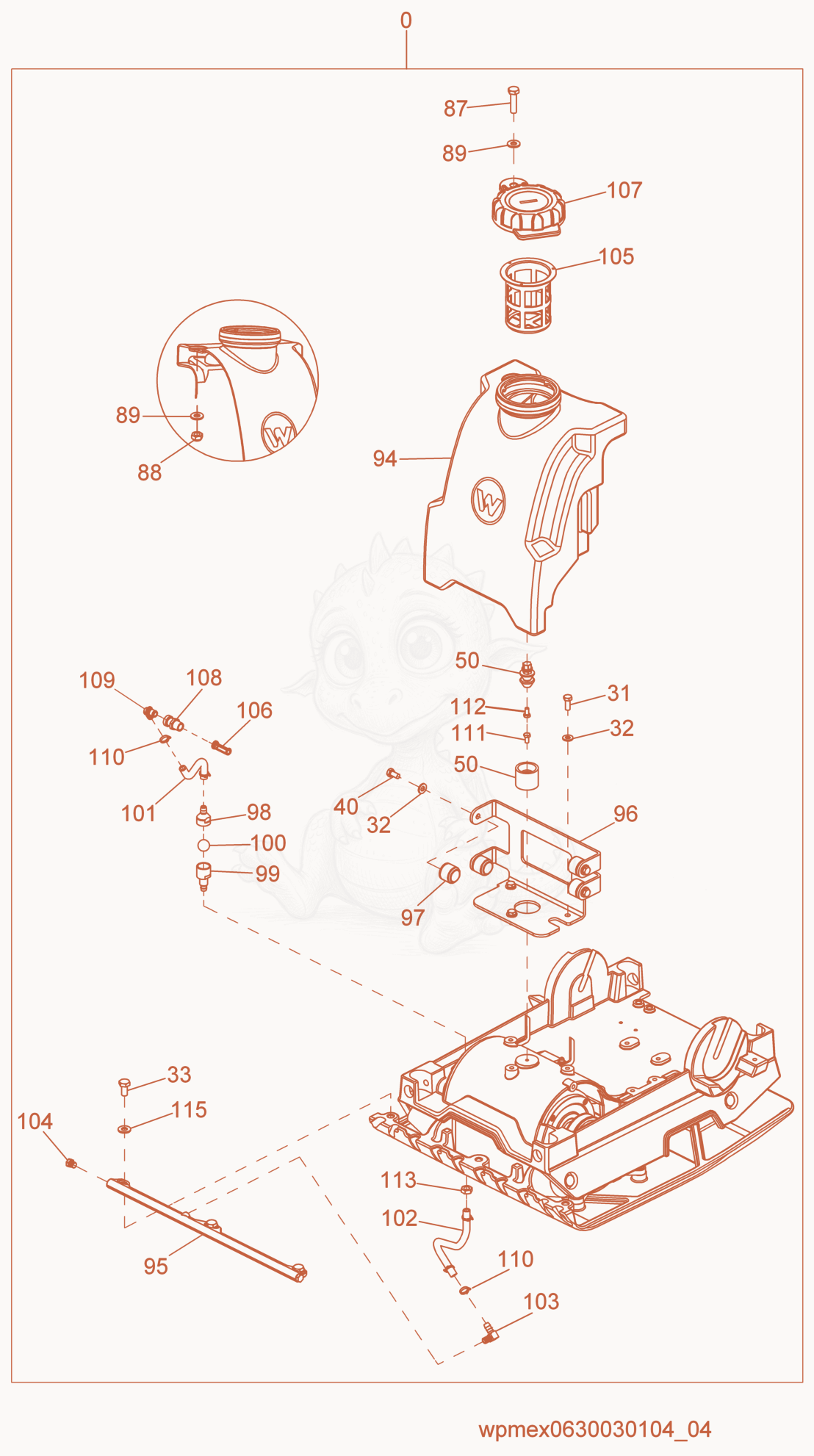 Despiece del Water System Kit de una máquina Wacker Neuson WPP1540A, con globos numerados