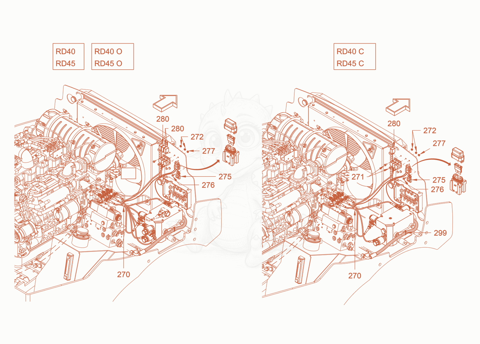 Exploded parts diagram of the electrical system of a Wacker Neuson RD45-140OUS, with numbered balloons