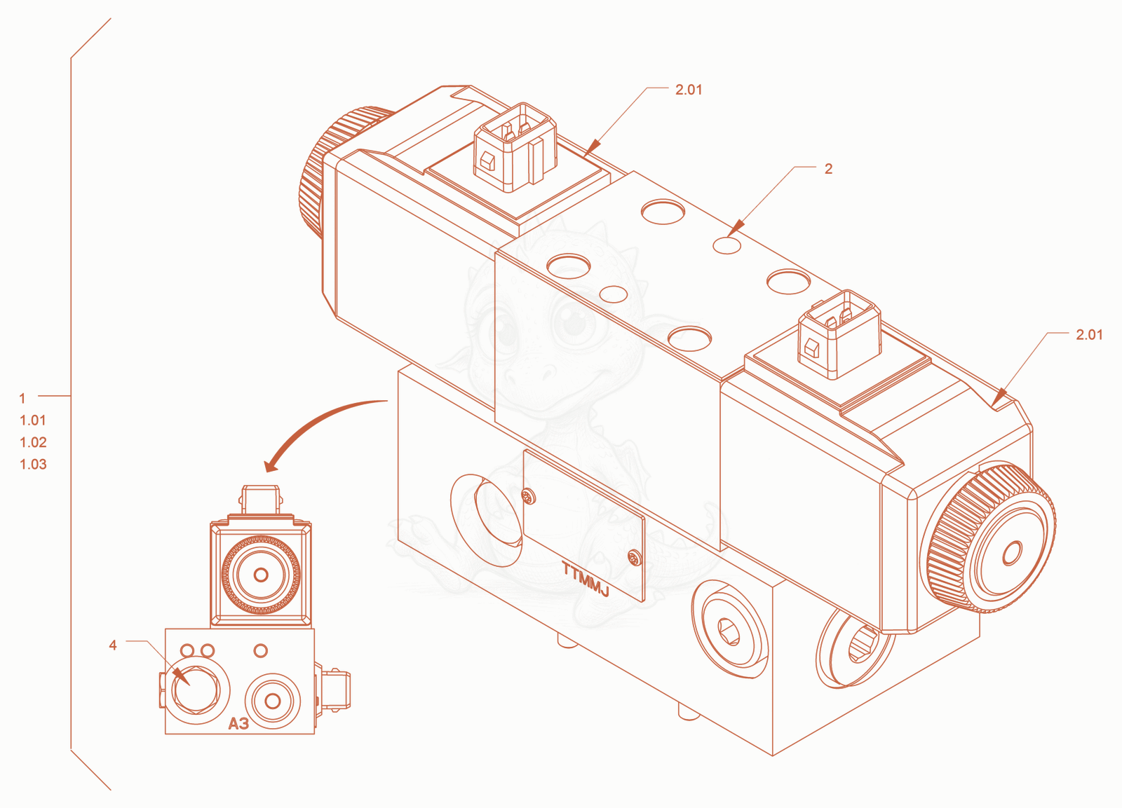 Exploded parts diagram of the valve block (edge pressing and cutting device) of a Wacker Neuson RD40-130C.3, with numbered balloons