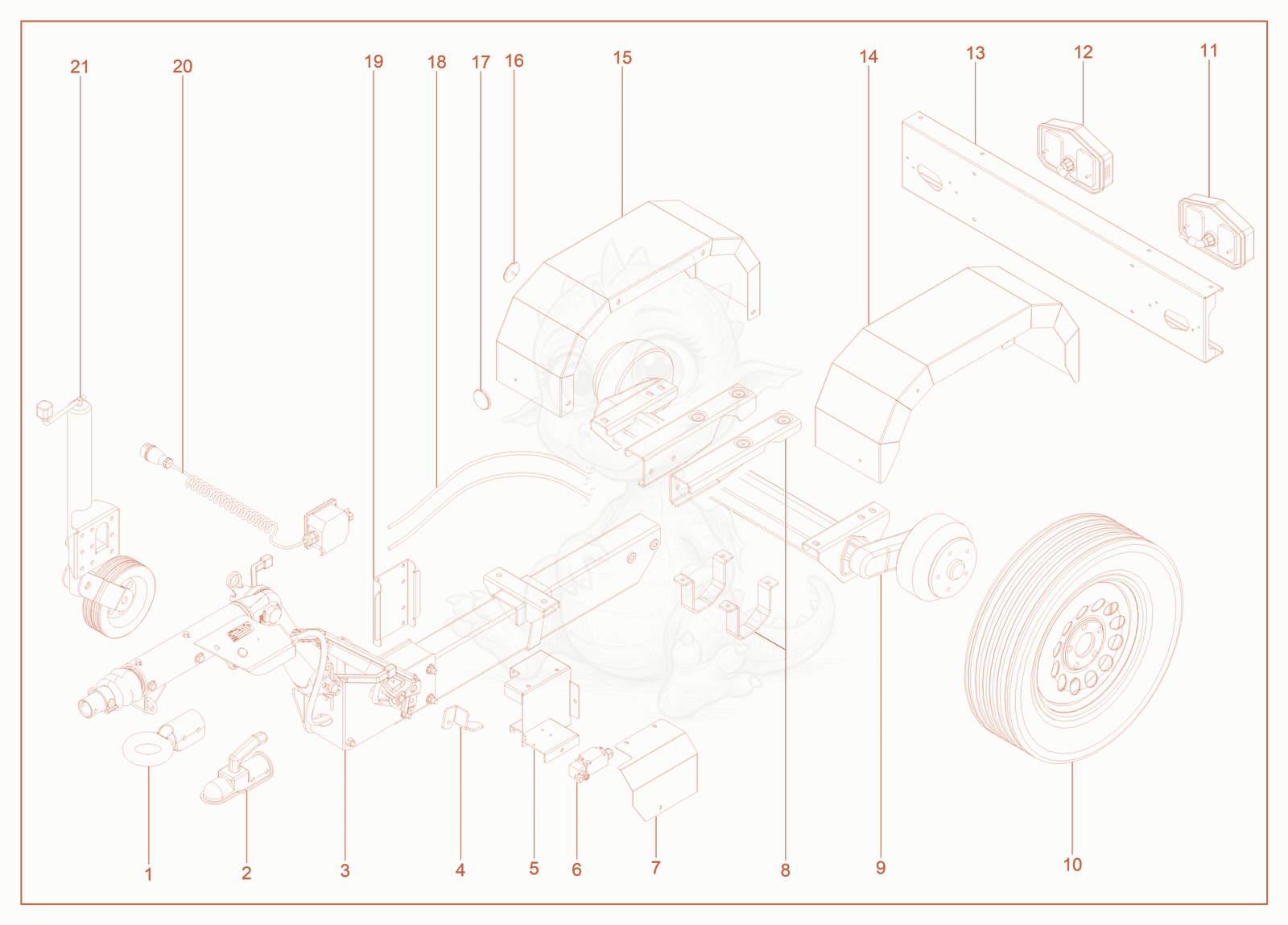 Exploded parts diagram of the Trailer Adjustable Tow Bar of a Wacker Neuson LTE4K, with numbered balloons