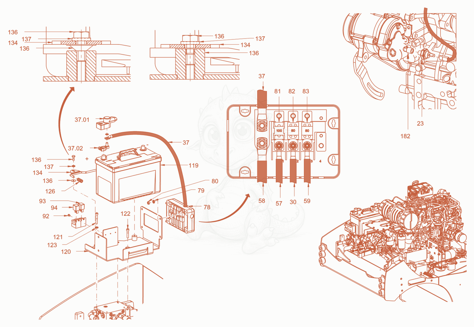 Exploded parts diagram of the Electrical system of a Wacker Neuson RD45-140, with numbered balloons