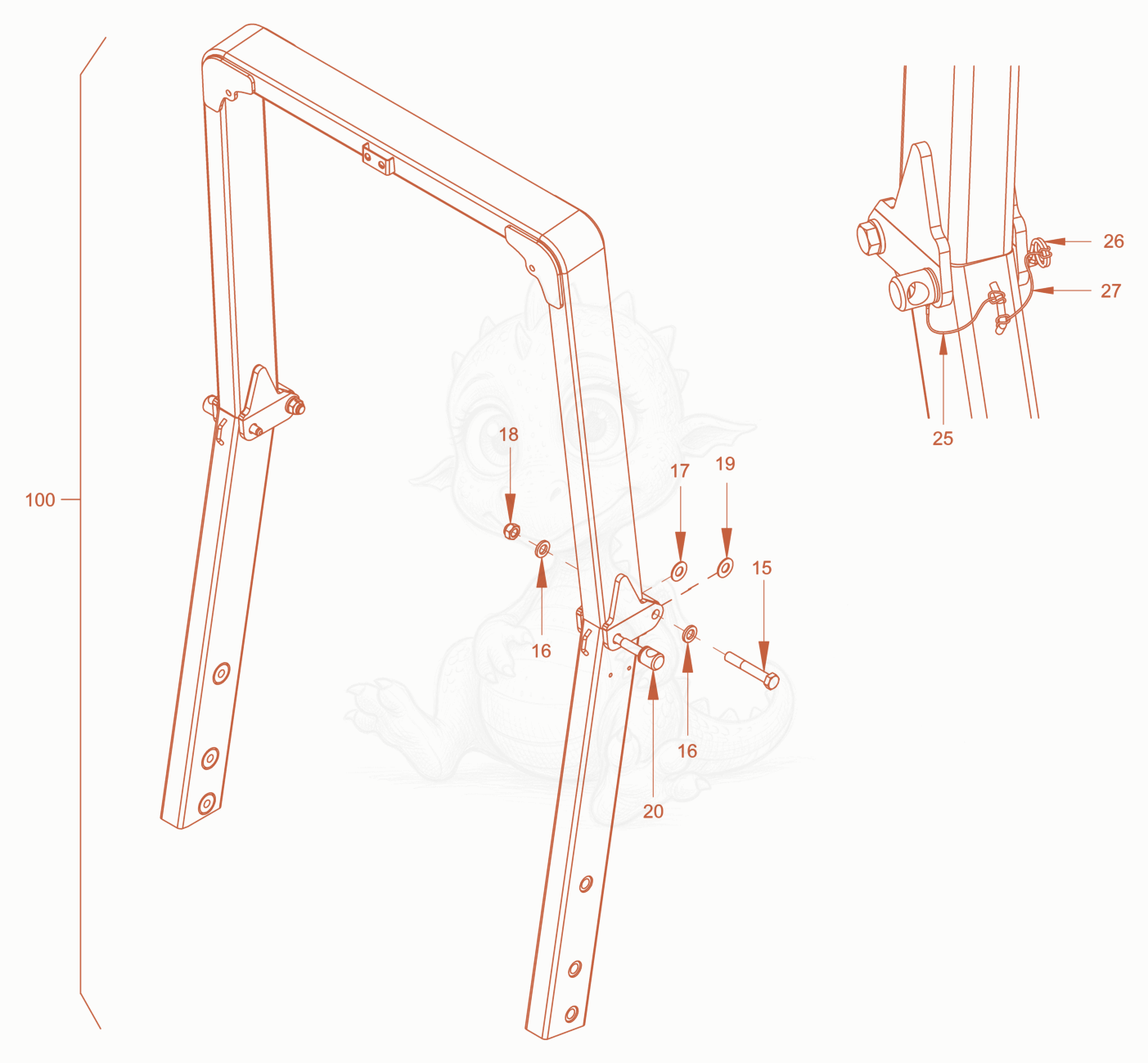 Exploded parts diagram of the foldable roll over protection of a Wacker Neuson RD24-100O.3, with numbered balloons