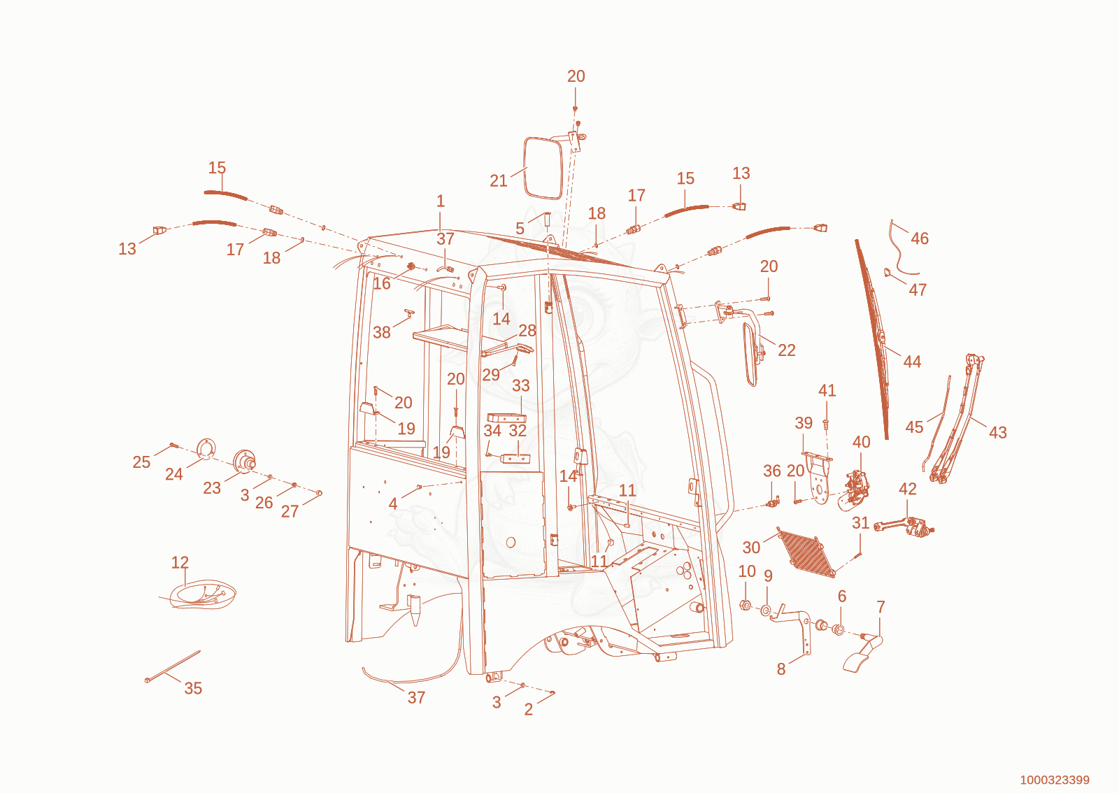 Exploded parts diagram of the cab frame of a Wacker Neuson WL20, with numbered balloons