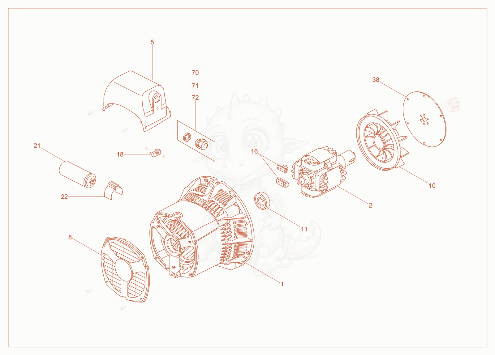 Exploded parts diagram of the Generator cpl. of a Wacker Neuson LTE4K, with numbered balloons