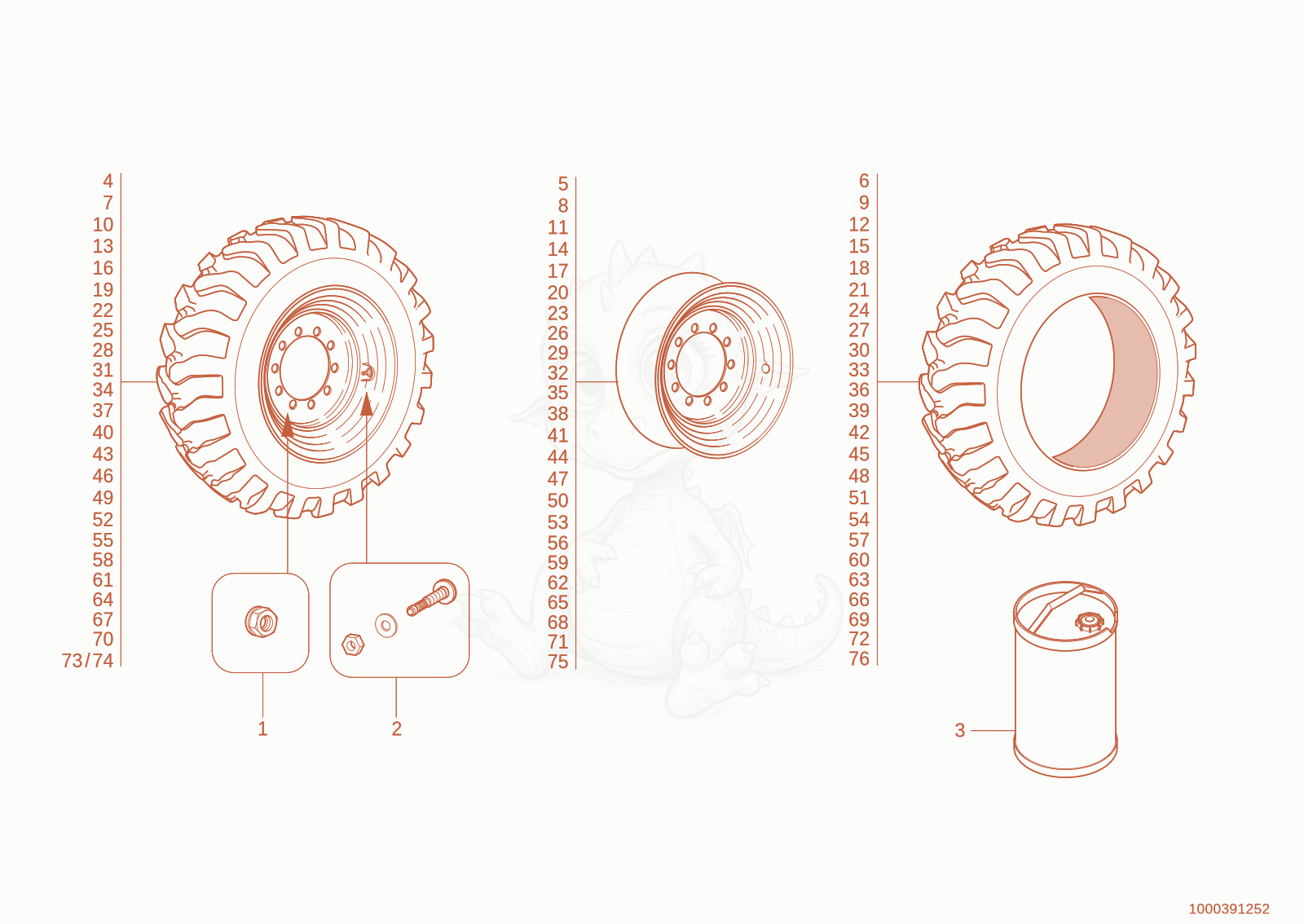 Exploded parts diagram of the tyre of a Wacker Neuson TH735(415-36), with numbered balloons