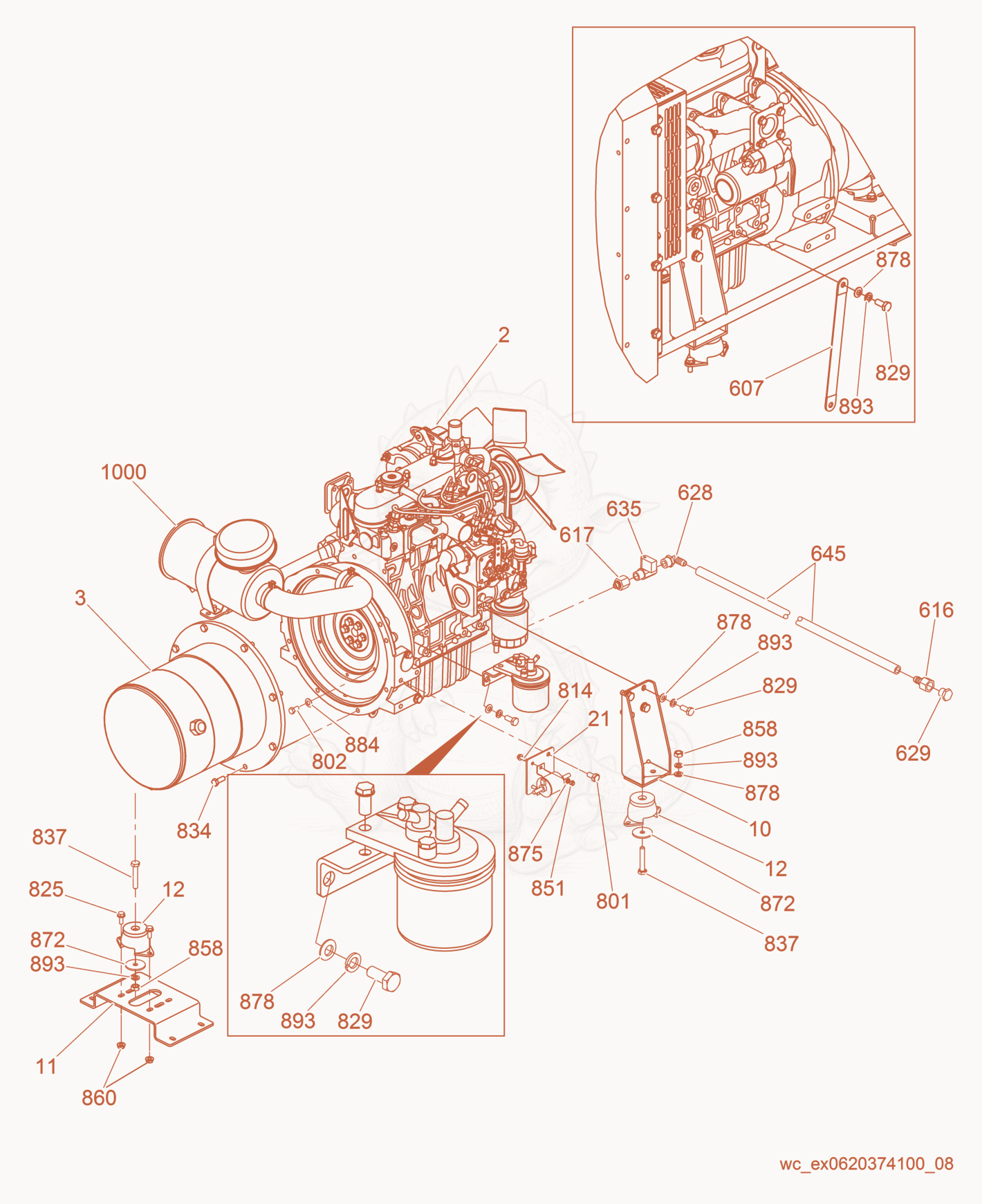 Despiece del Generator/Engine de una máquina Wacker Neuson LTN8K, con globos numerados