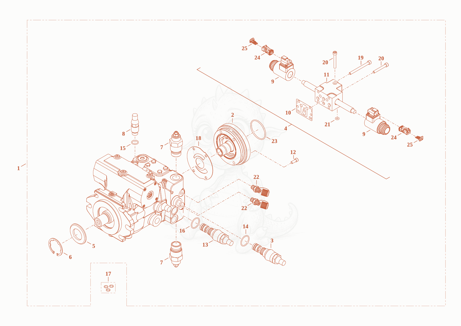 Exploded parts diagram of the displacement pump of a Wacker Neuson WL60STAGEV, with numbered balloons