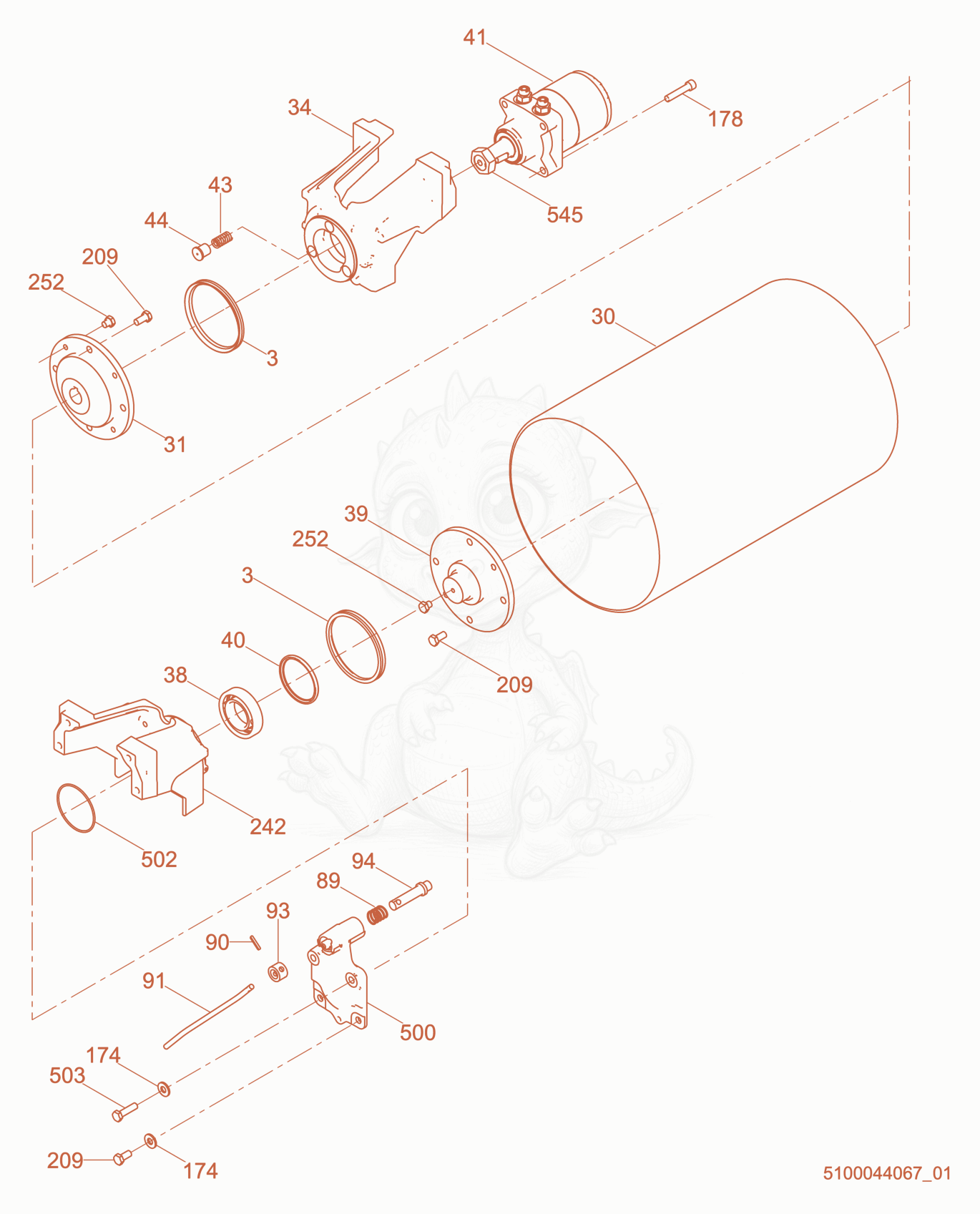 Exploded parts diagram of the Rear Drum cpl. of a Wacker Neuson RD7YE, with numbered balloons