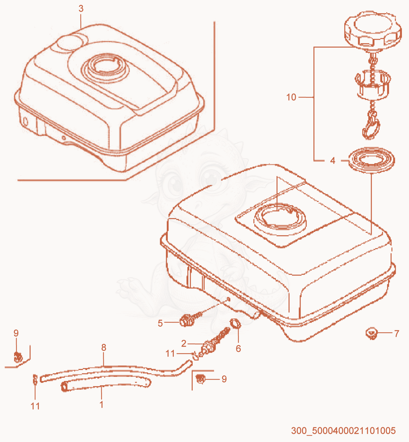 Exploded parts diagram of the Fuel Tank cpl. of a Wacker Neuson VP1340AW, with numbered balloons