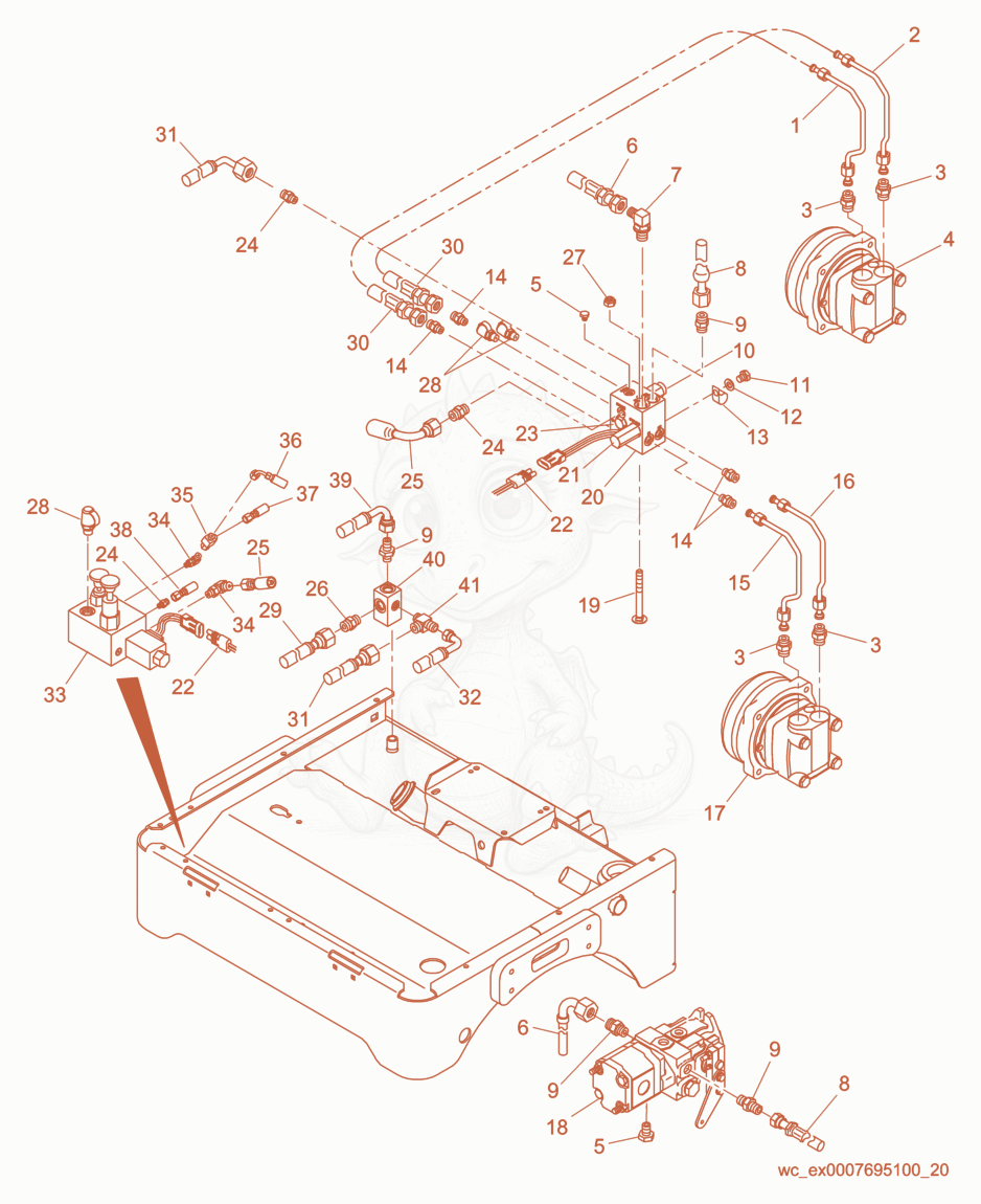 Exploded parts diagram of the Engine Compartment/Hydraulics of a Wacker Neuson RD11AEC, with numbered balloons