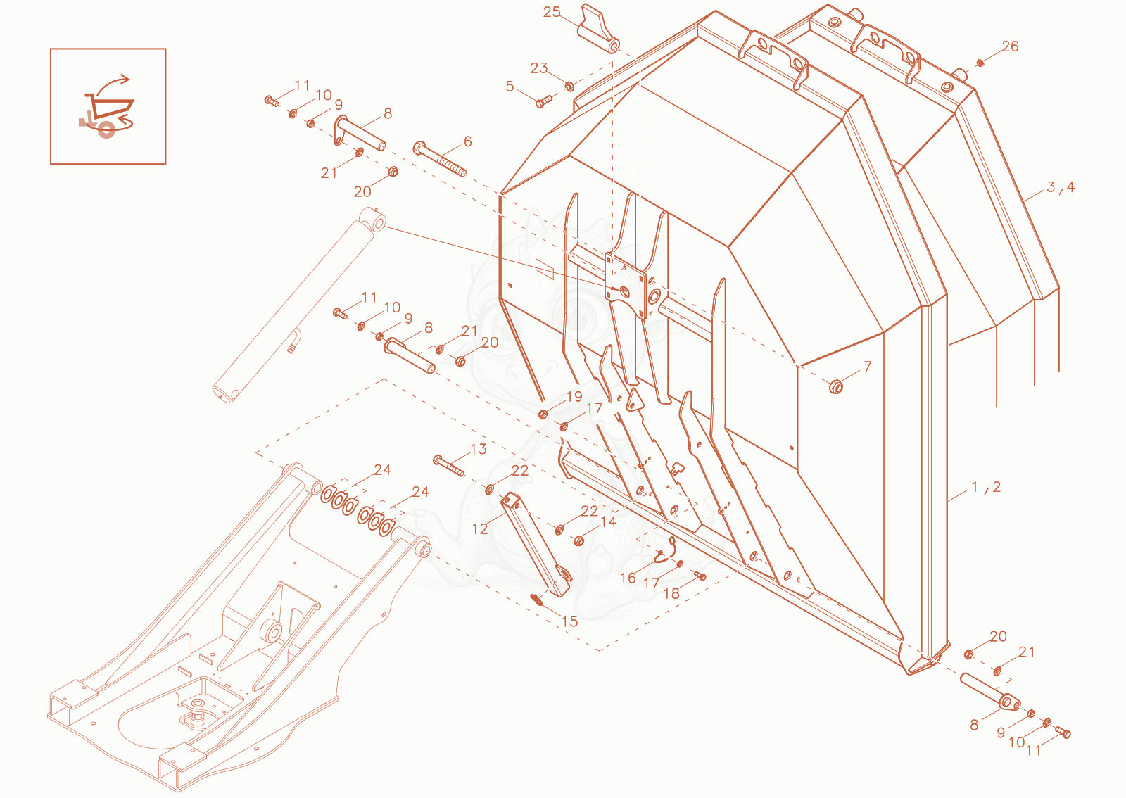 Exploded parts diagram of the skip of a Wacker Neuson DW30-2, with numbered balloons