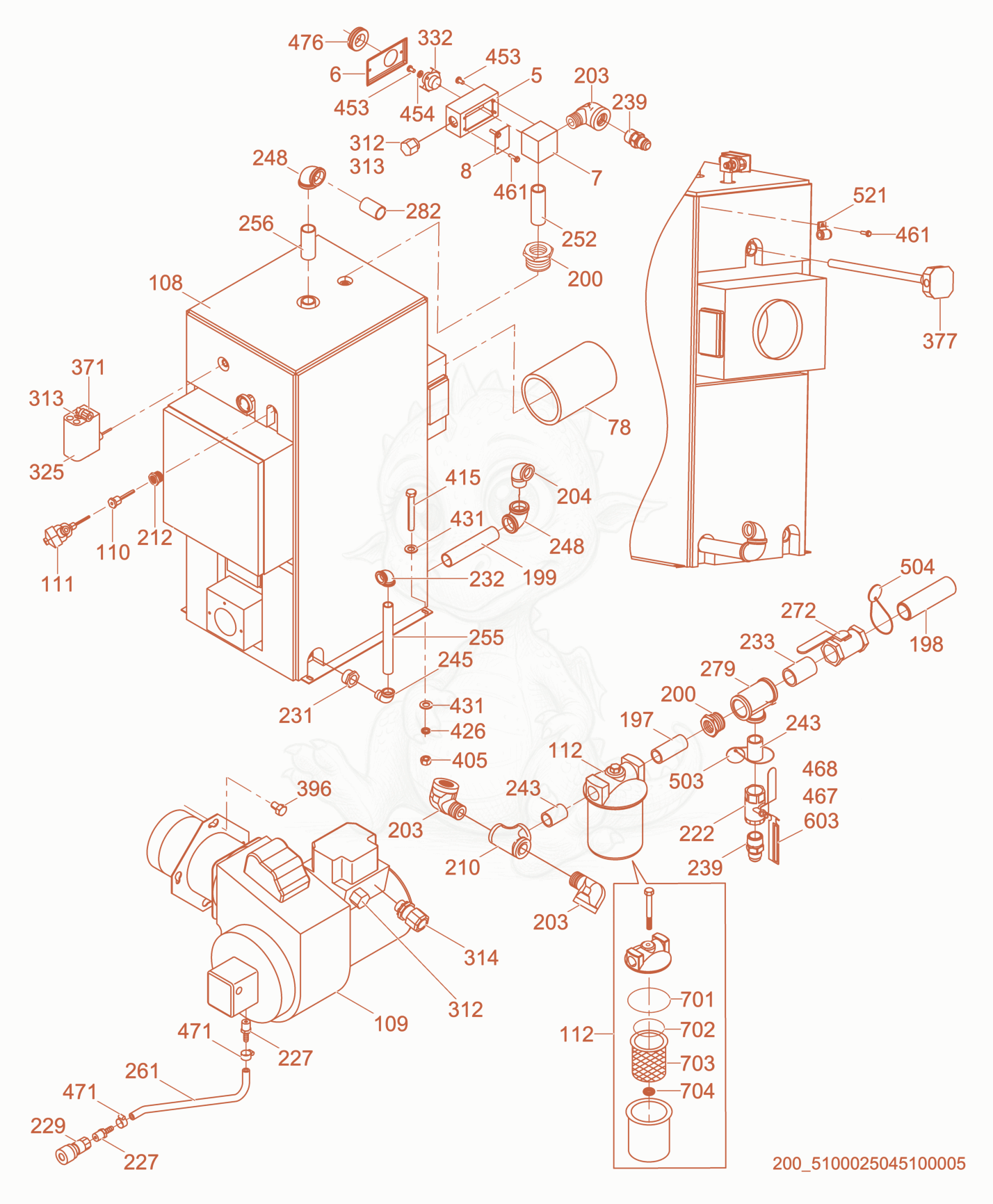 Exploded parts diagram of the Hydronic Piping cpl. of a Wacker Neuson E3000, with numbered balloons