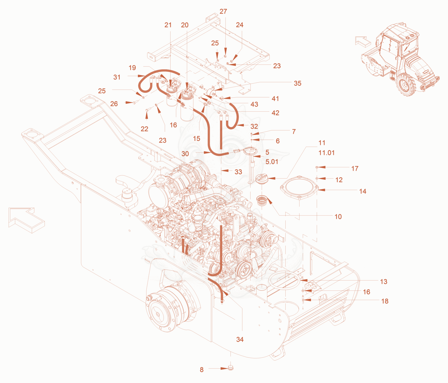 Exploded parts diagram of the fuel system of a Wacker Neuson RC50P, with numbered balloons