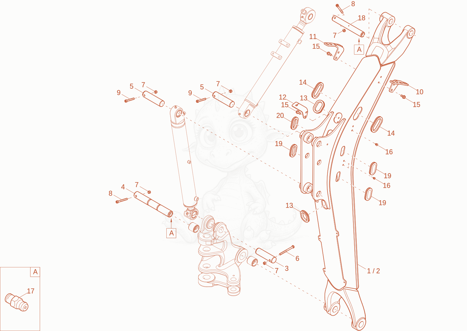Exploded parts diagram of the lift arm of a Wacker Neuson ET18-2, with numbered balloons