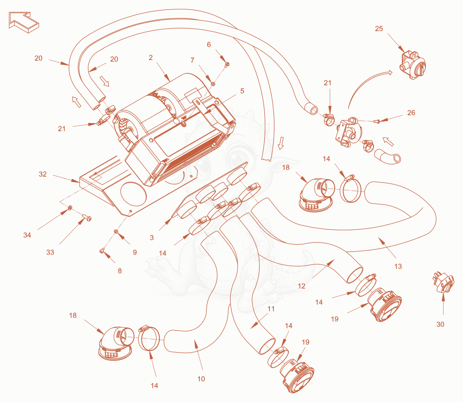 Exploded parts diagram of the cabin-heating of a Wacker Neuson RD45-140OUS, with numbered balloons