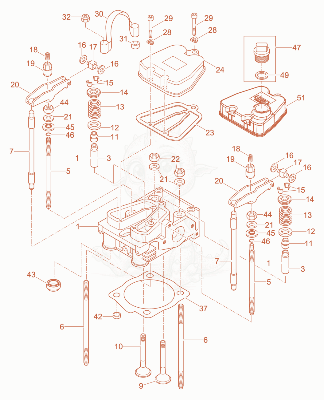 Exploded parts diagram of the Cylinder head of a Wacker Neuson DPU5275HE, with numbered balloons