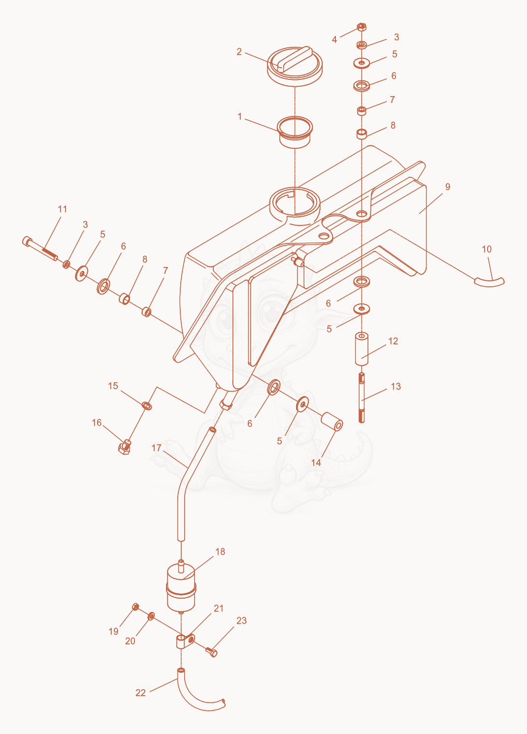 Exploded parts diagram of the Fuel Tank of a Wacker Neuson DPU6055, with numbered balloons