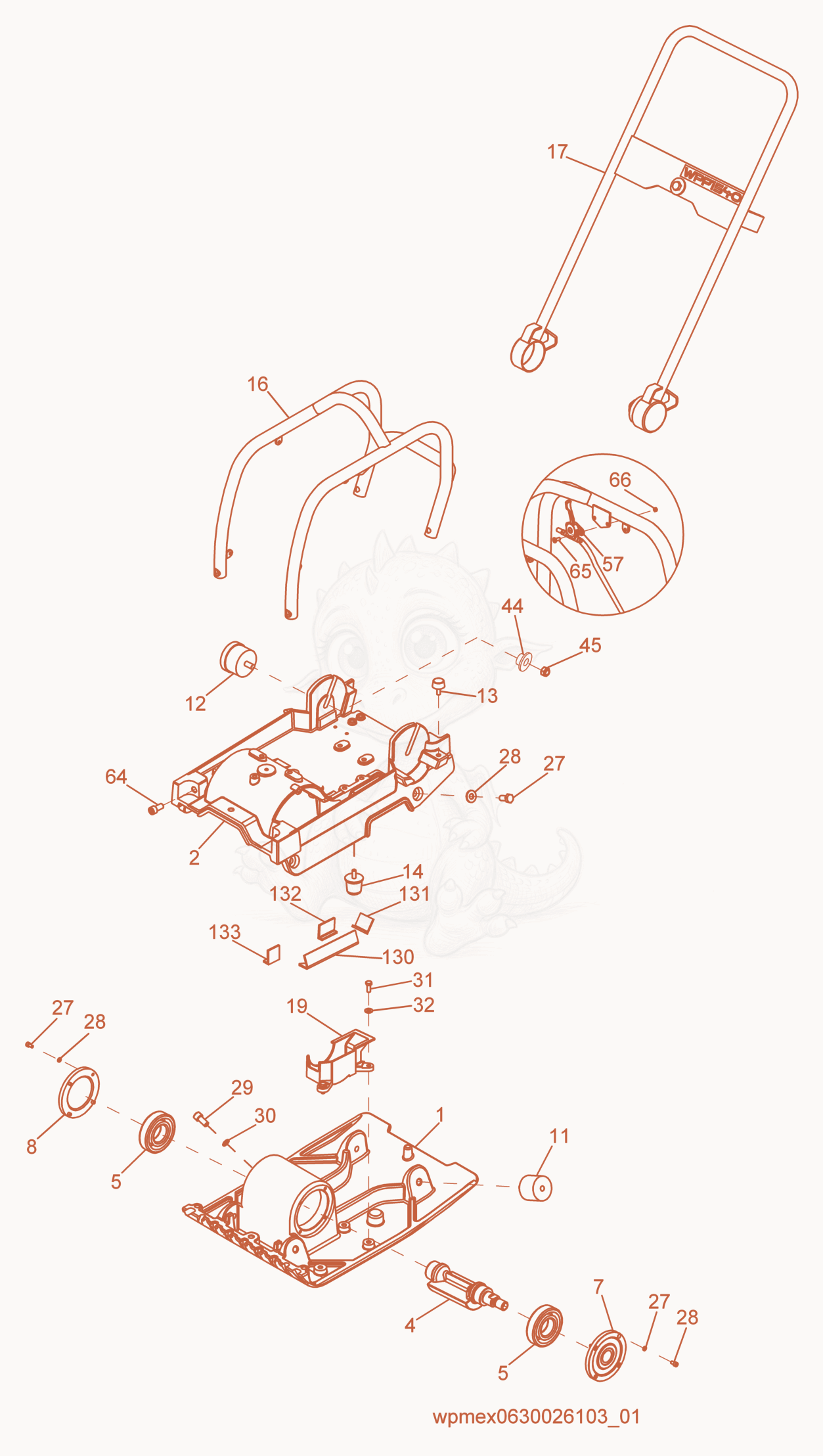 Exploded parts diagram of the Guide Handle/Baseplate of a Wacker Neuson WPP1540WW, with numbered balloons