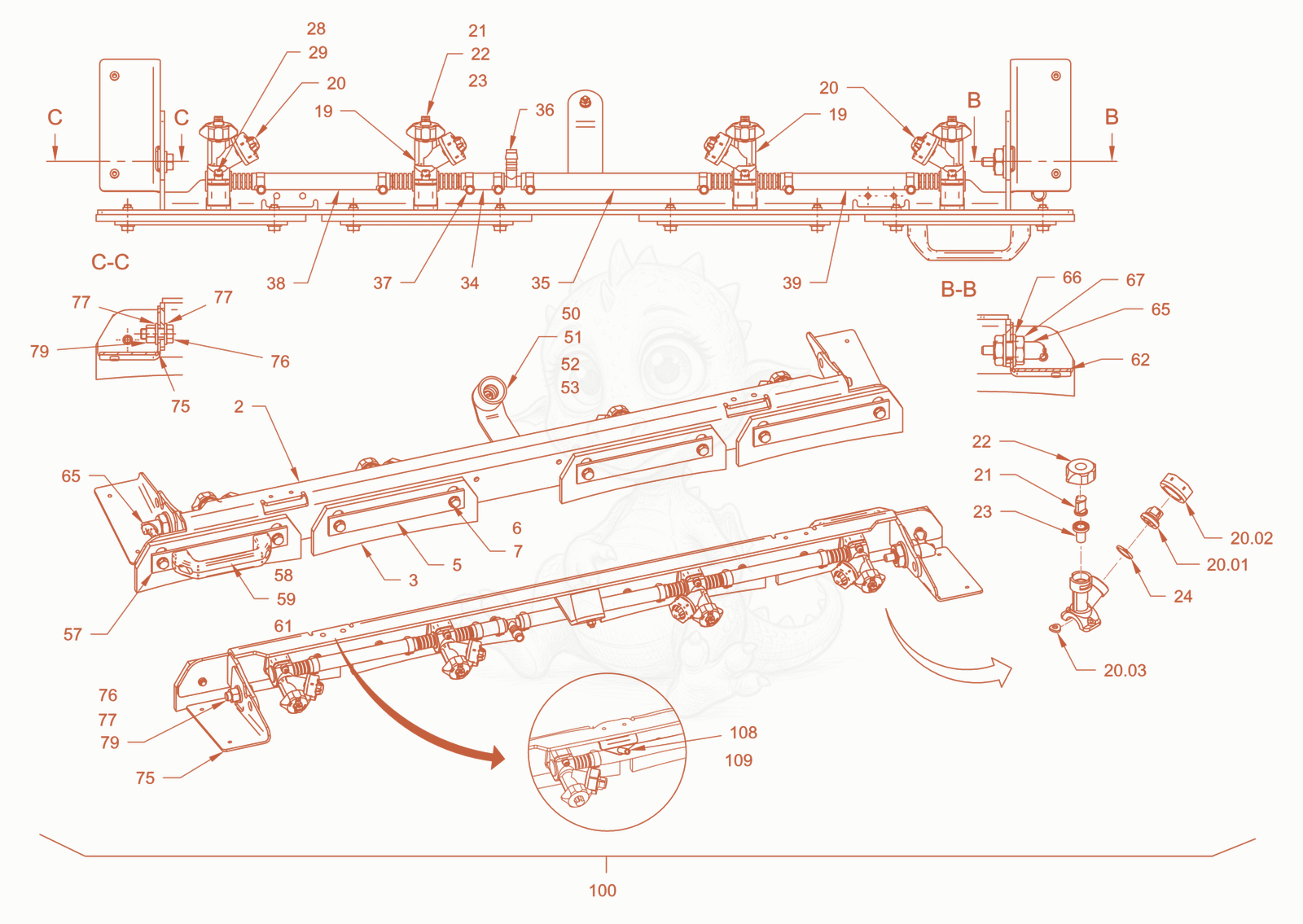 Exploded parts diagram of the scraper of a Wacker Neuson RD28-120CE, with numbered balloons