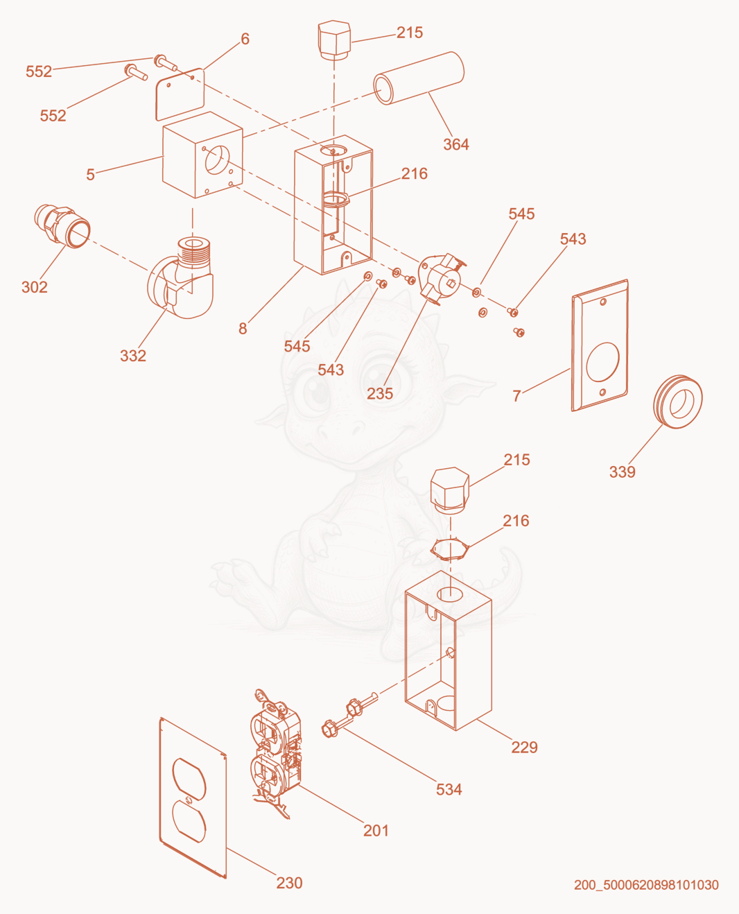 Exploded parts diagram of the Outlet Box of a Wacker Neuson E5000, with numbered balloons
