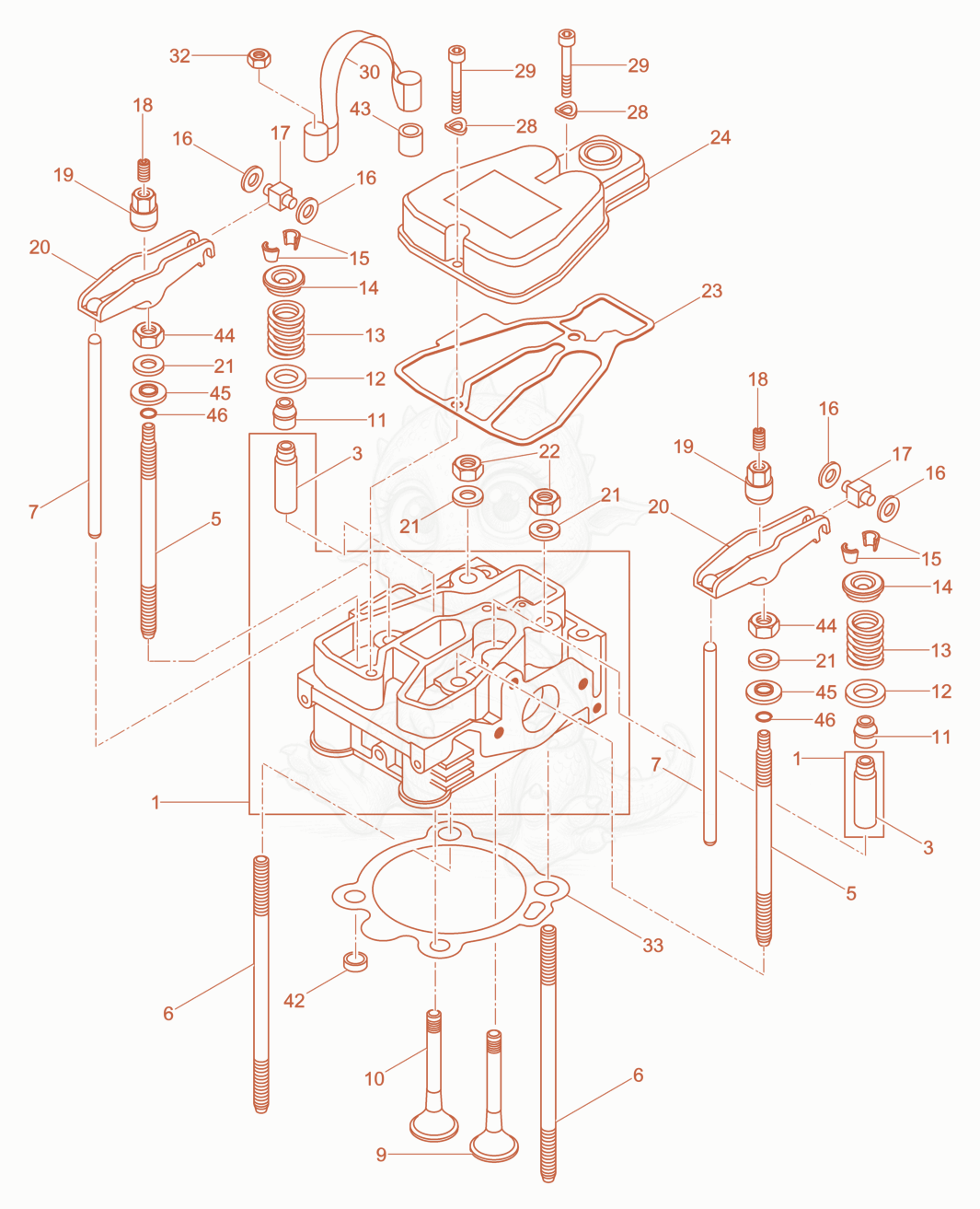 Exploded parts diagram of the Cylinder head of a Wacker Neuson DPU3750HETS, with numbered balloons