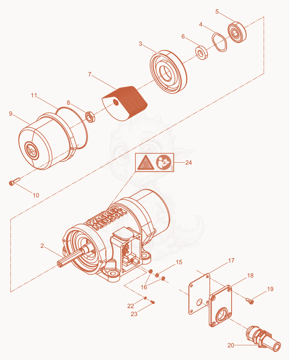 Exploded parts diagram of the External Vibrator cpl. of a Wacker Neuson AR36/3,6/230, with numbered balloons