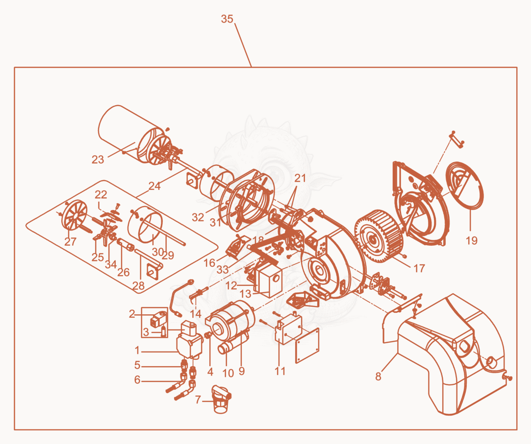 Despiece del Oil Burner de una máquina Wacker Neuson HM133, con globos numerados