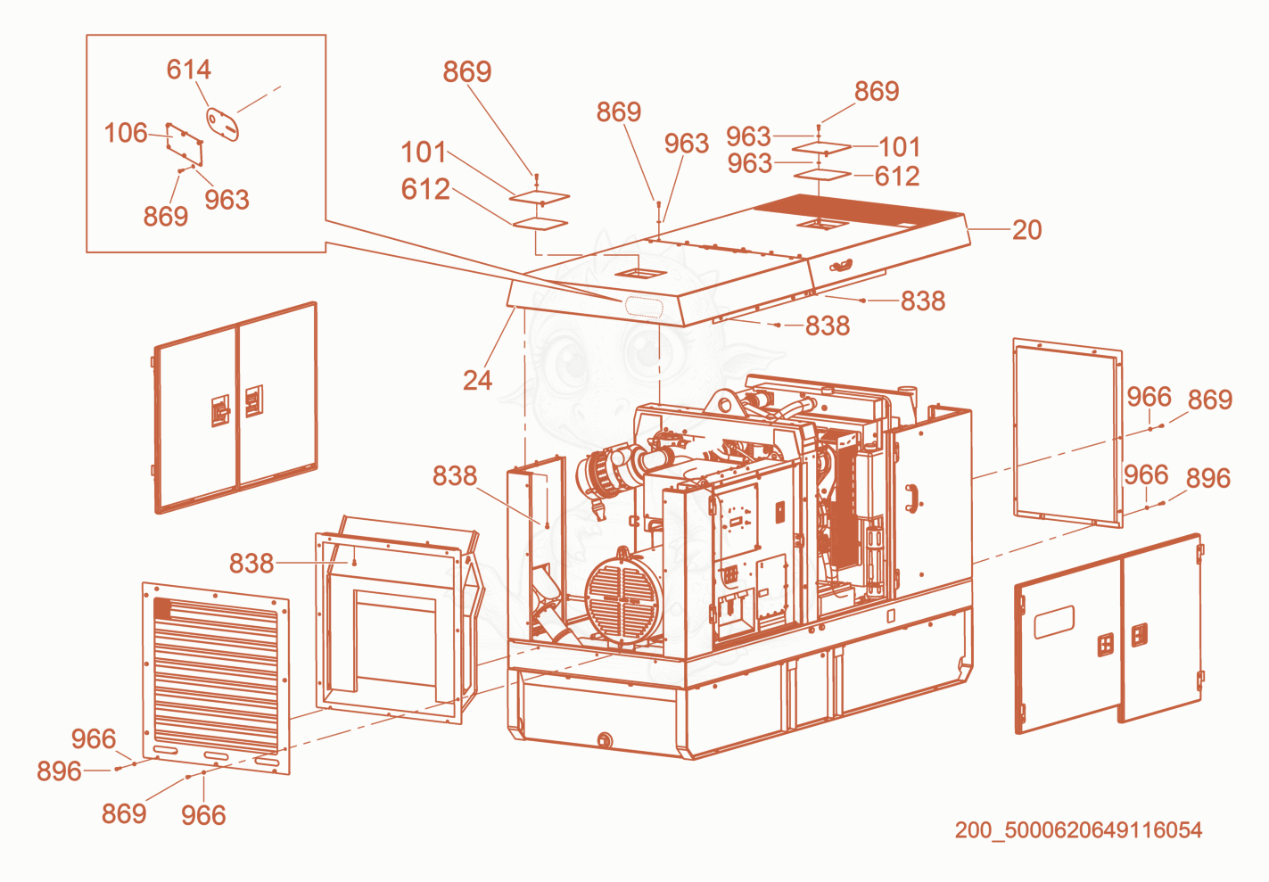 Exploded parts diagram of the Sheet Metal Assembly of a Wacker Neuson G120, with numbered balloons