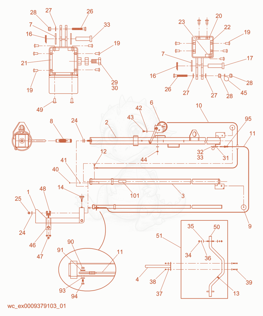 Exploded parts diagram of the Mast cpl./Manual Winch System of a Wacker Neuson LTC4L, with numbered balloons