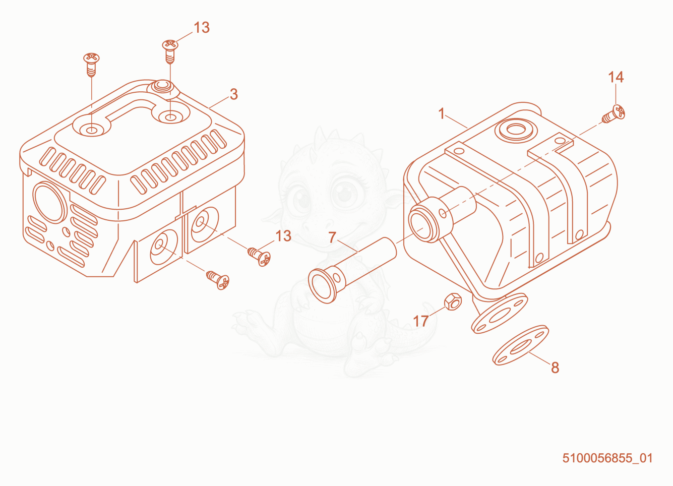 Exploded parts diagram of the Muffler cpl. of a Wacker Neuson PDT3A, with numbered balloons