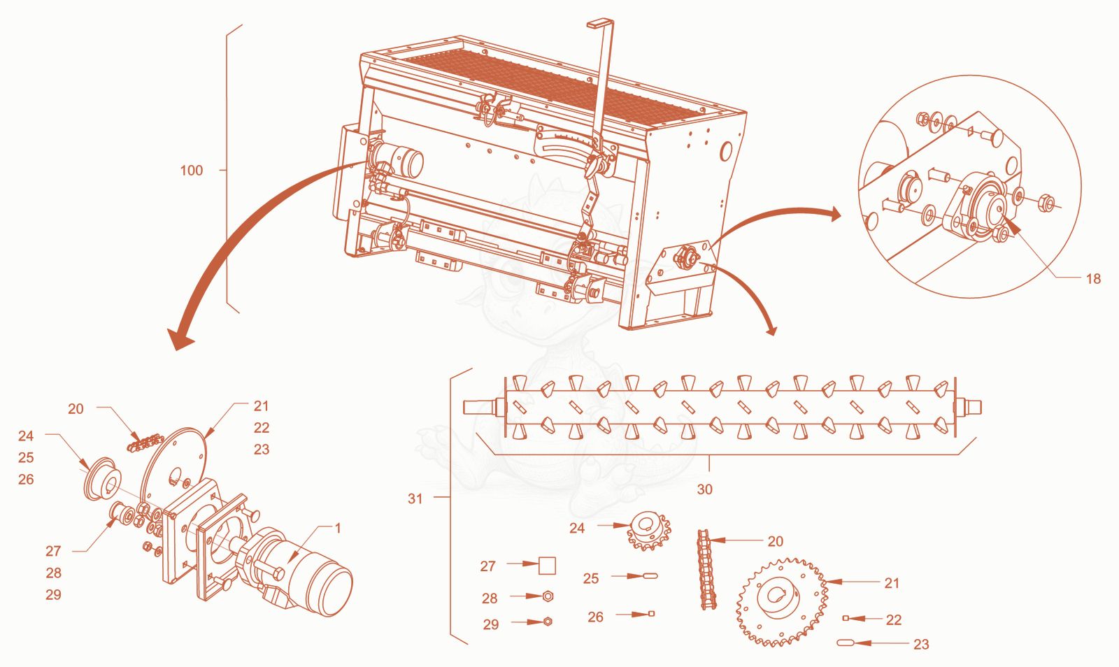 Exploded parts diagram of the cylinder spreader of a Wacker Neuson RD45-140, with numbered balloons