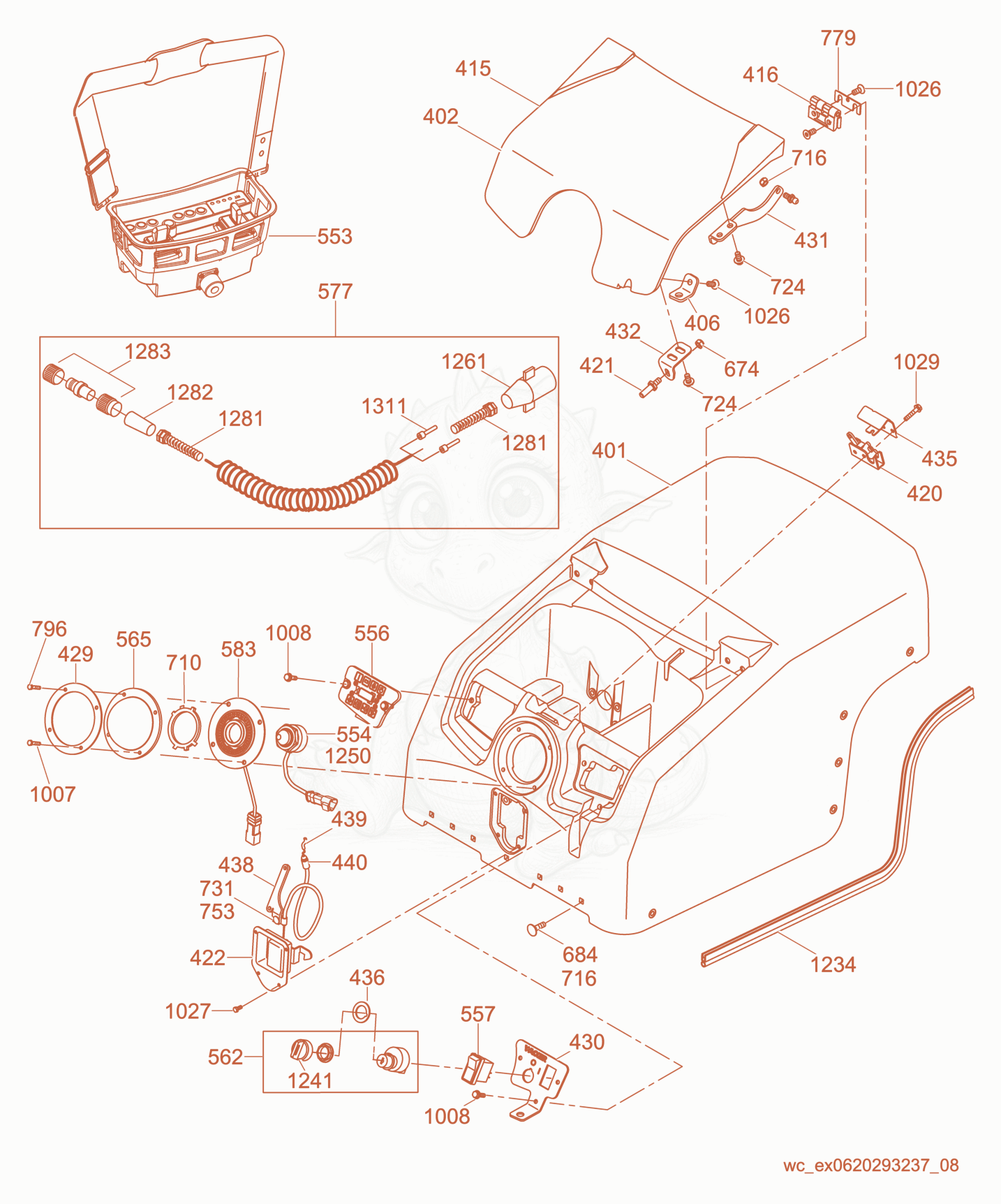 Exploded parts diagram of the Rear Section/Controls of a Wacker Neuson RT56-SC2, with numbered balloons