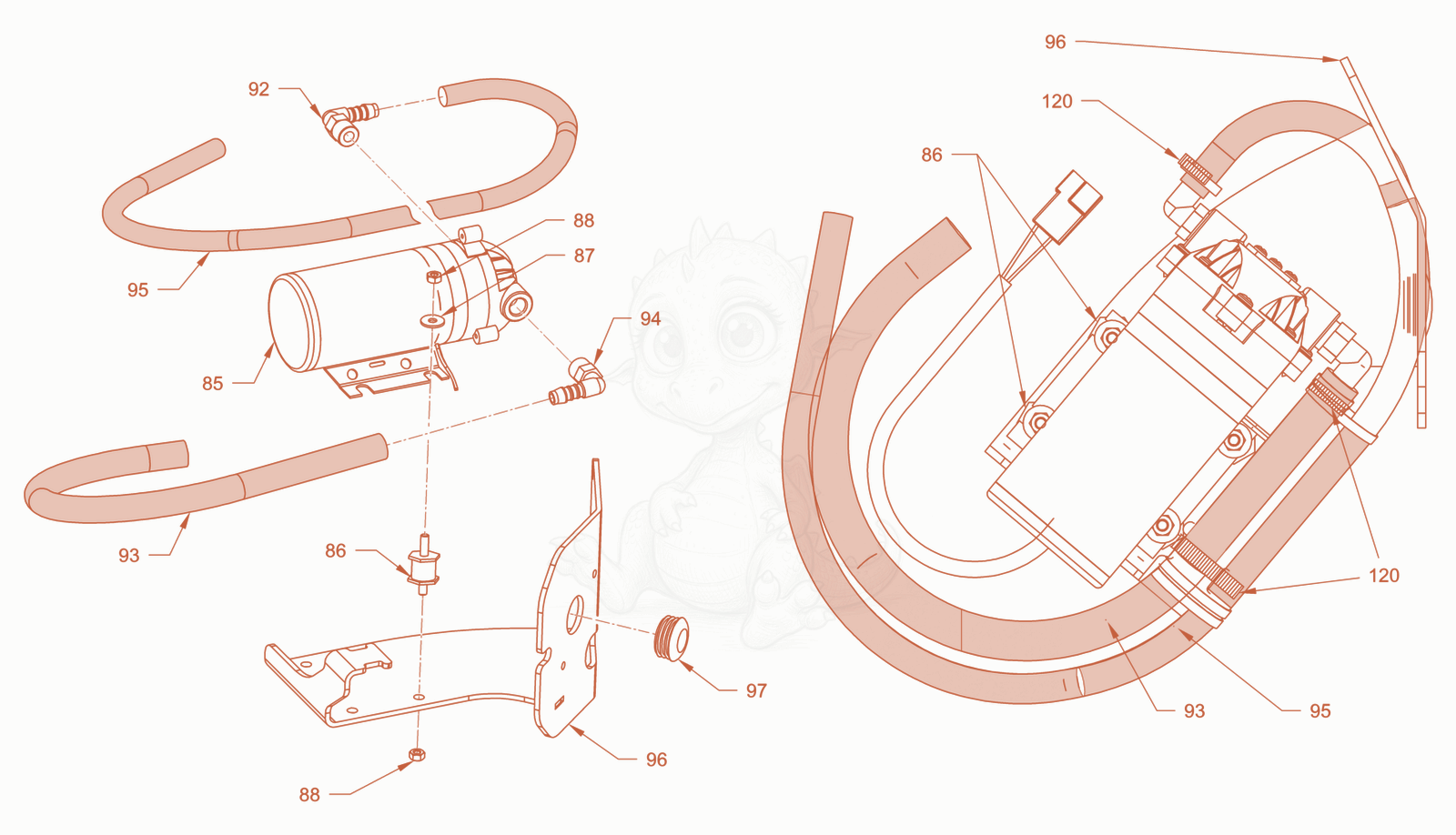 Exploded parts diagram of the sprinkling of a Wacker Neuson RD24-100E, with numbered balloons