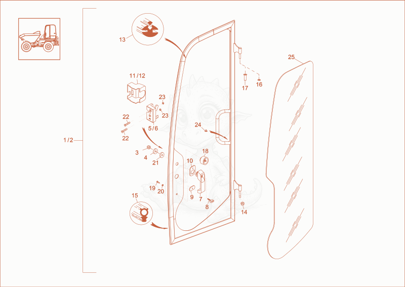 Despiece del CABIN DOOR (Option) de una máquina Wacker Neuson 6001, con globos numerados