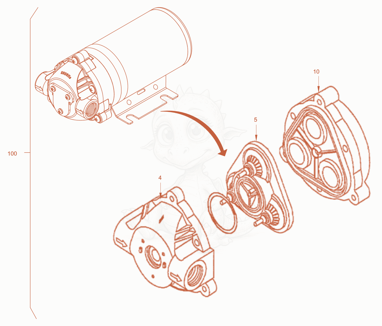 Exploded parts diagram of the water pump of a Wacker Neuson RD18-80, with numbered balloons