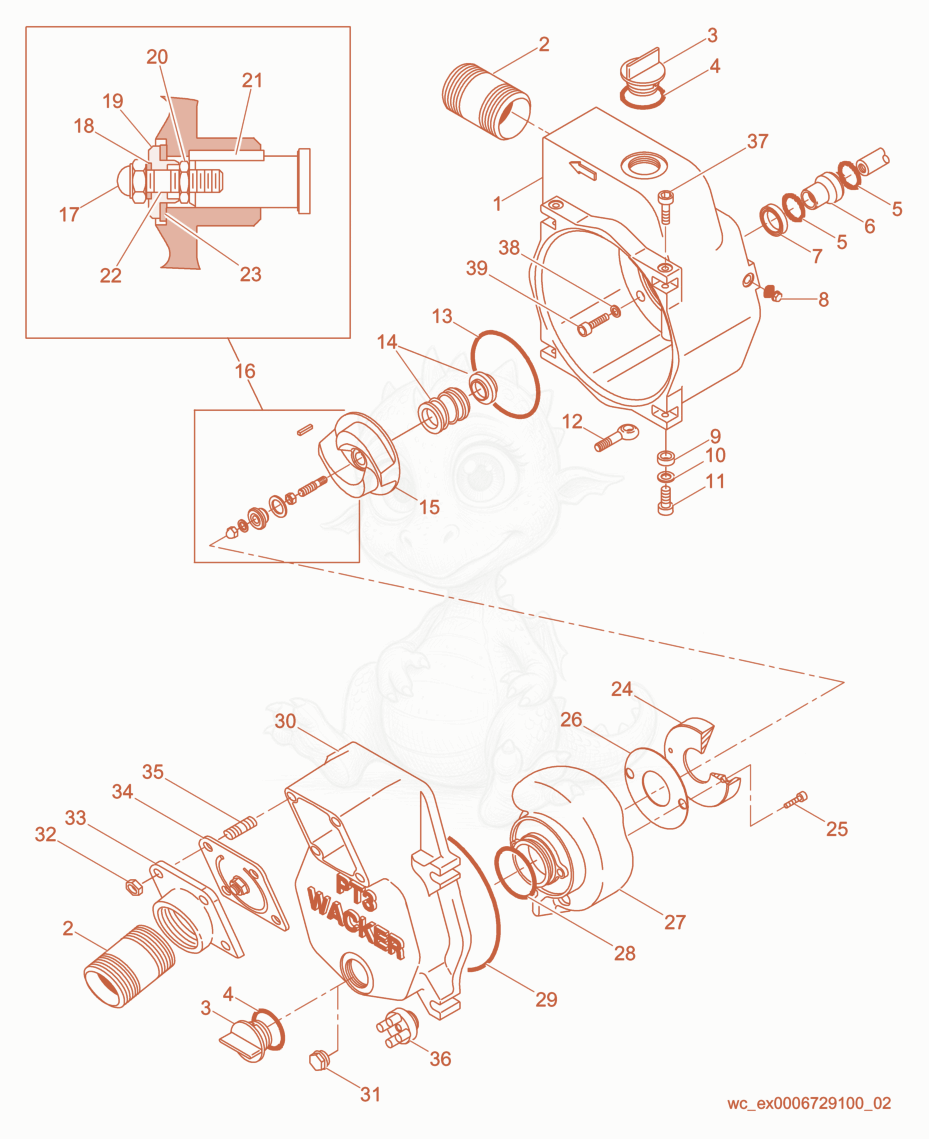 Exploded parts diagram of the Pump cpl. of a Wacker Neuson PT3A, with numbered balloons
