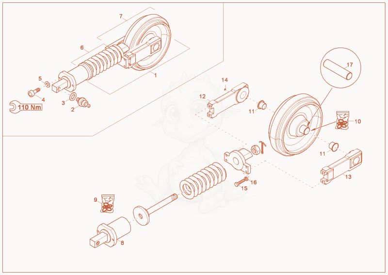 Exploded parts diagram of the track tensioner complete of a Wacker Neuson 6002RD, with numbered balloons